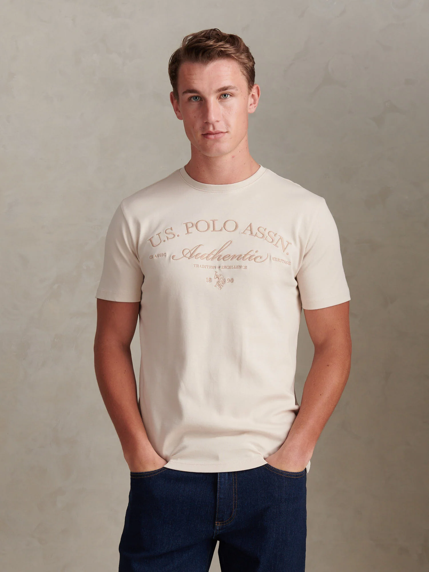 Mens Arch Script Graphic T-Shirt Beige