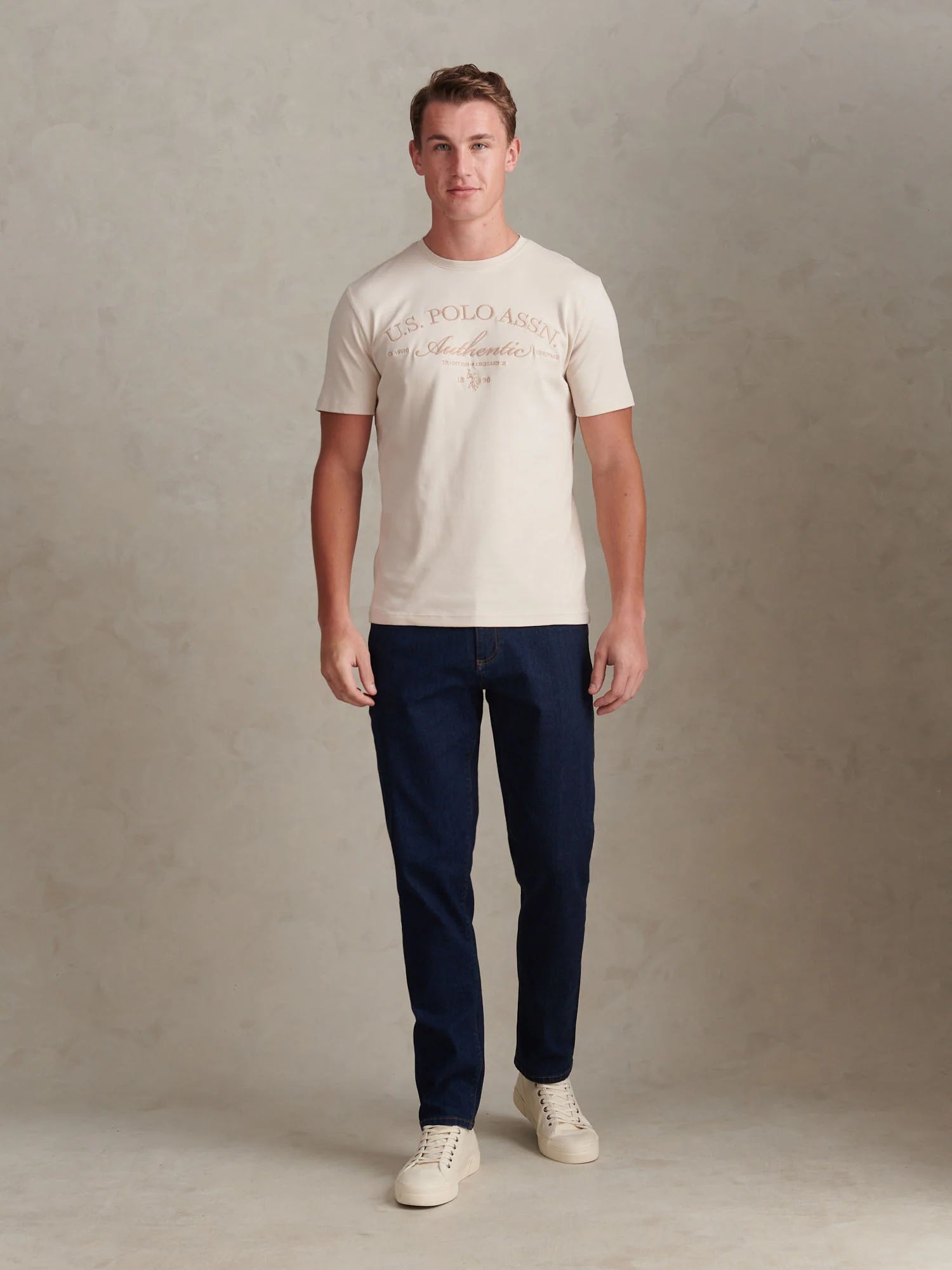 Mens Arch Script Graphic T-Shirt Beige - Image 3