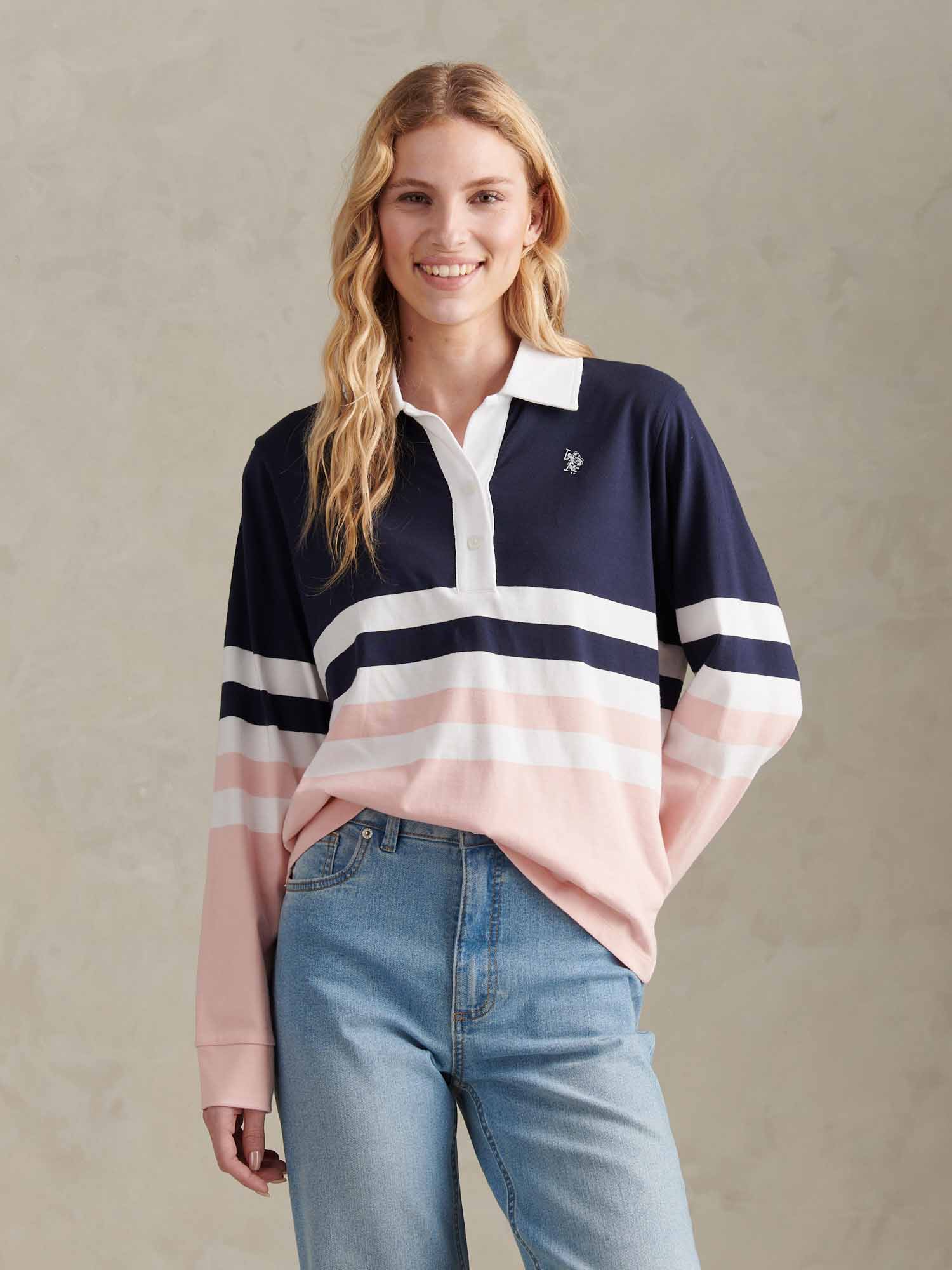 Womens Block Colour Rugby Top Crystal Rose