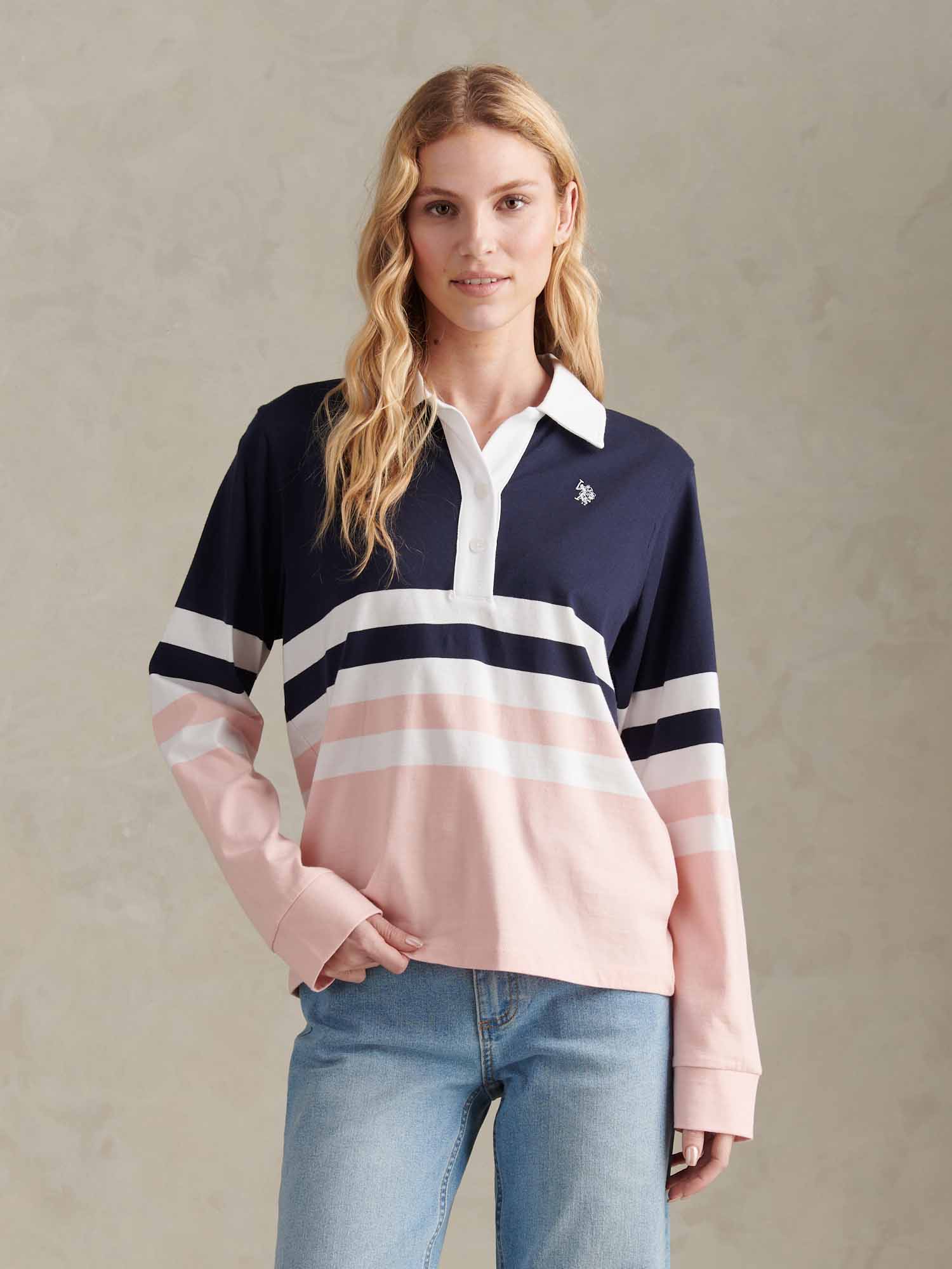 Womens Block Colour Rugby Top Crystal Rose - Image 5
