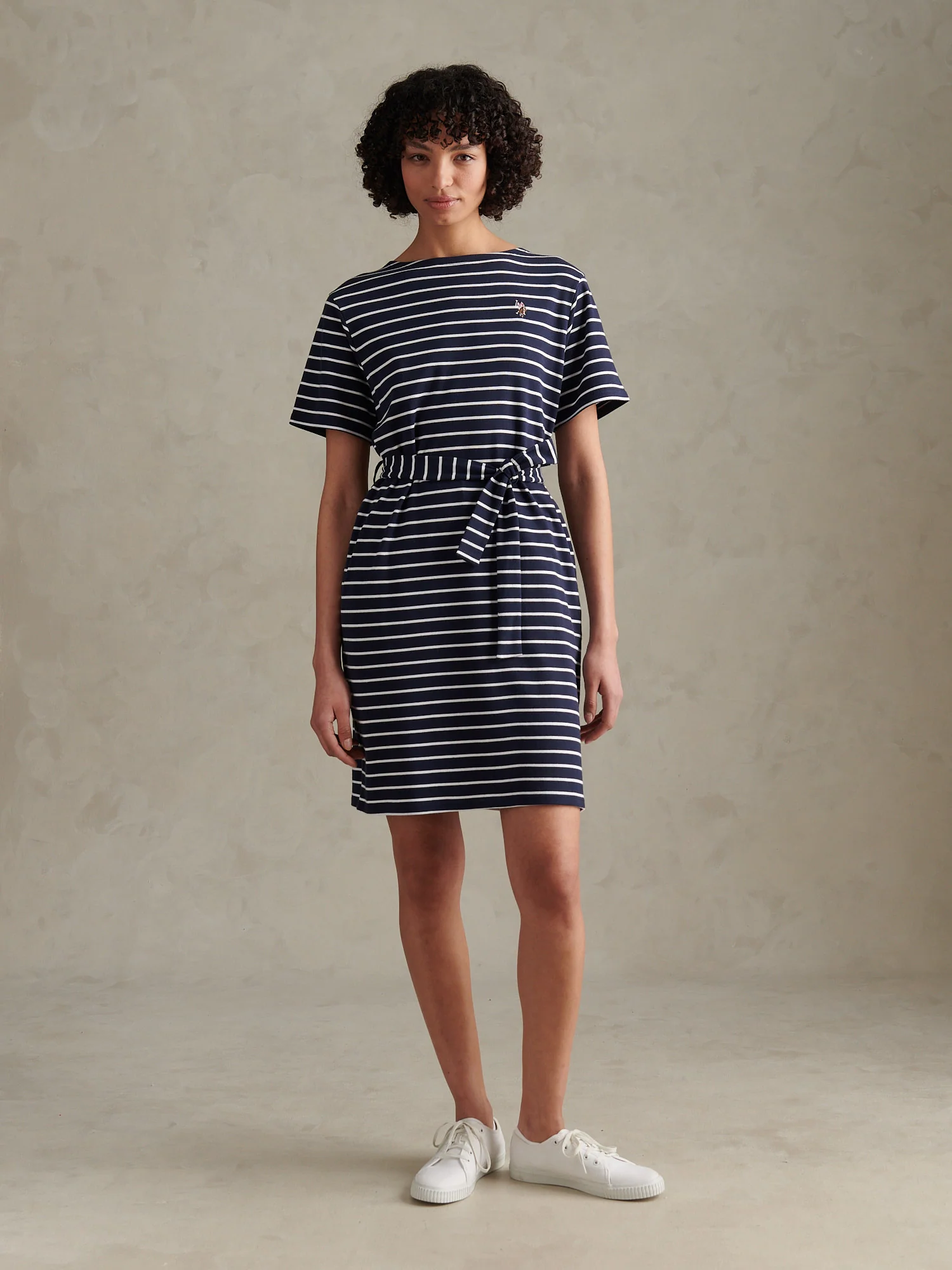Womens Stripe Belted Boat Neck Midi Dress Navy Iris - Image 3
