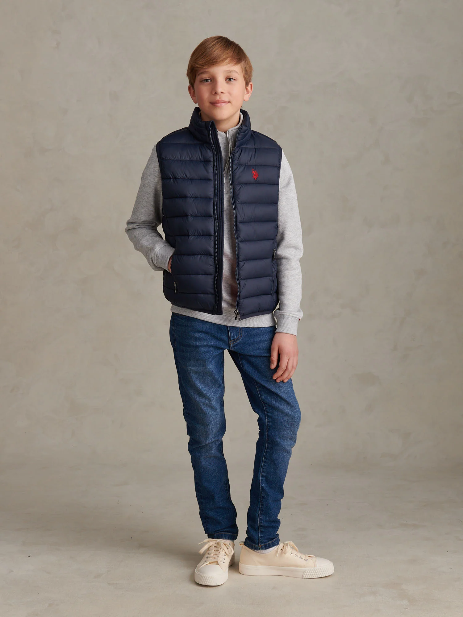 Boys Lightweight Quilted Gilet Dark Sapphire Navy / Haute Red DHM - Image 3
