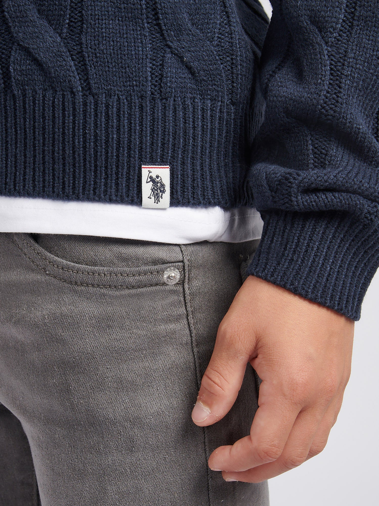 Boys Cable Knit Crew in Dark Sapphire Navy - Image 2
