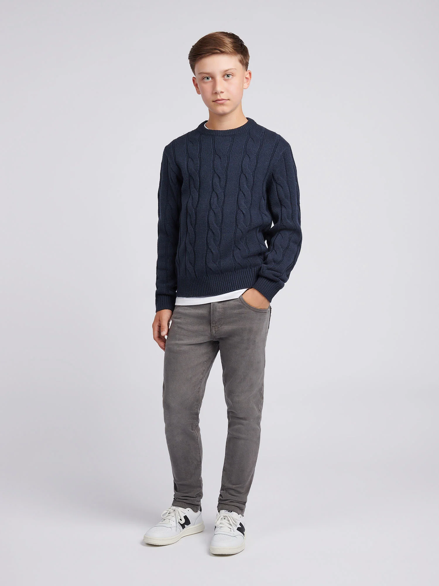 Boys Cable Knit Crew in Dark Sapphire Navy - Image 3