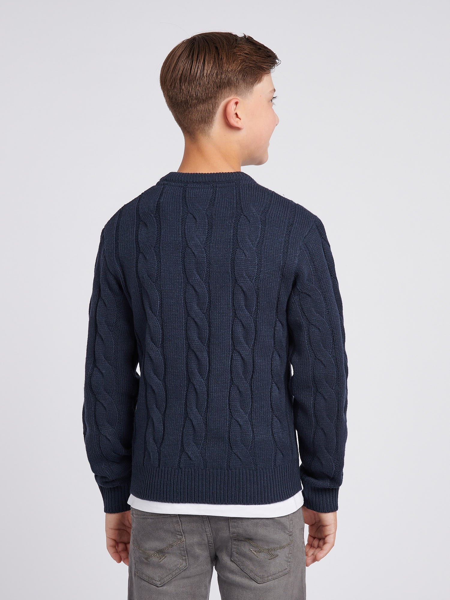 Boys Cable Knit Crew in Dark Sapphire Navy - Image 4