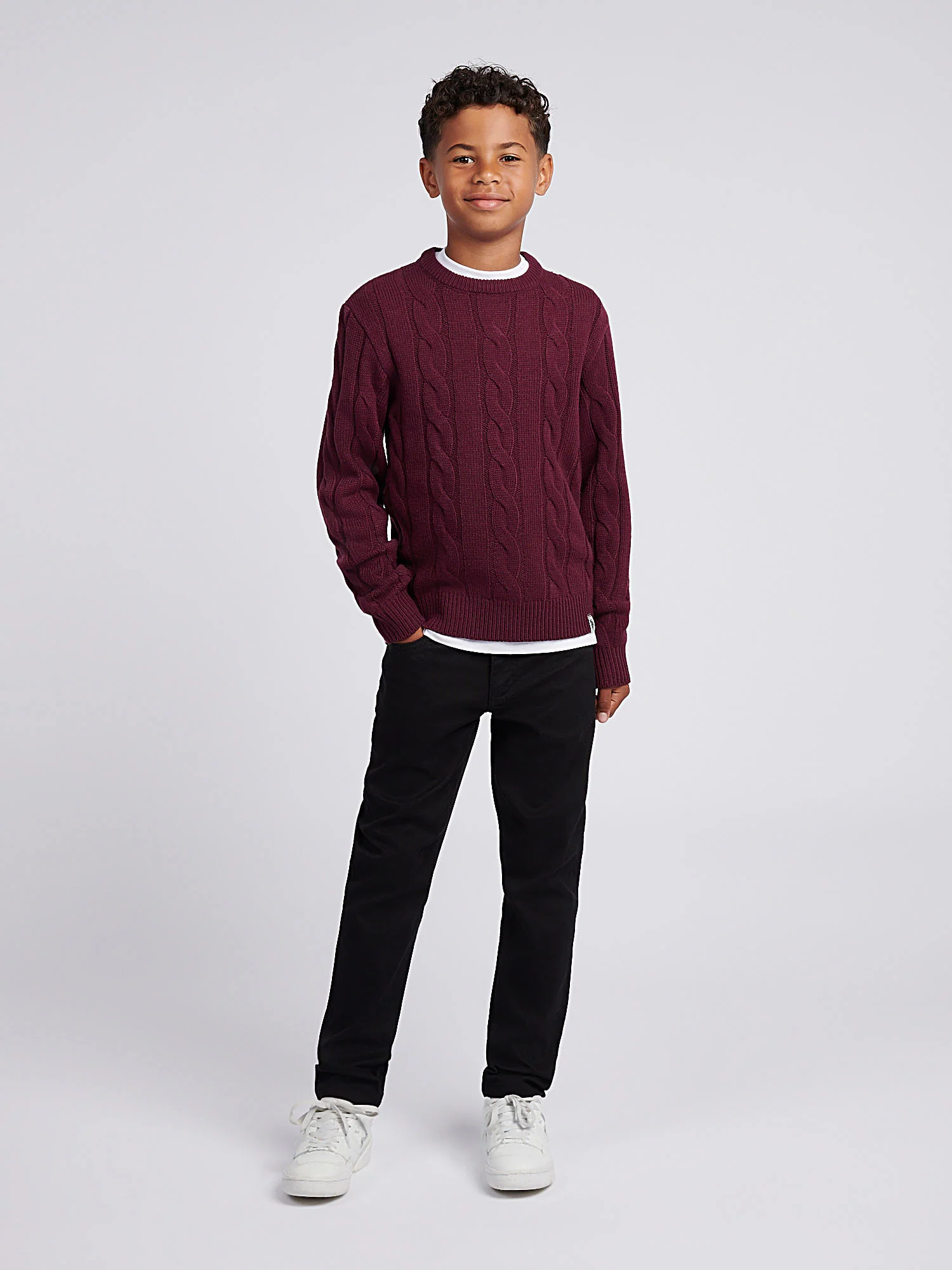 Boys Cable Knit Crew in Grape Wine - Image 3