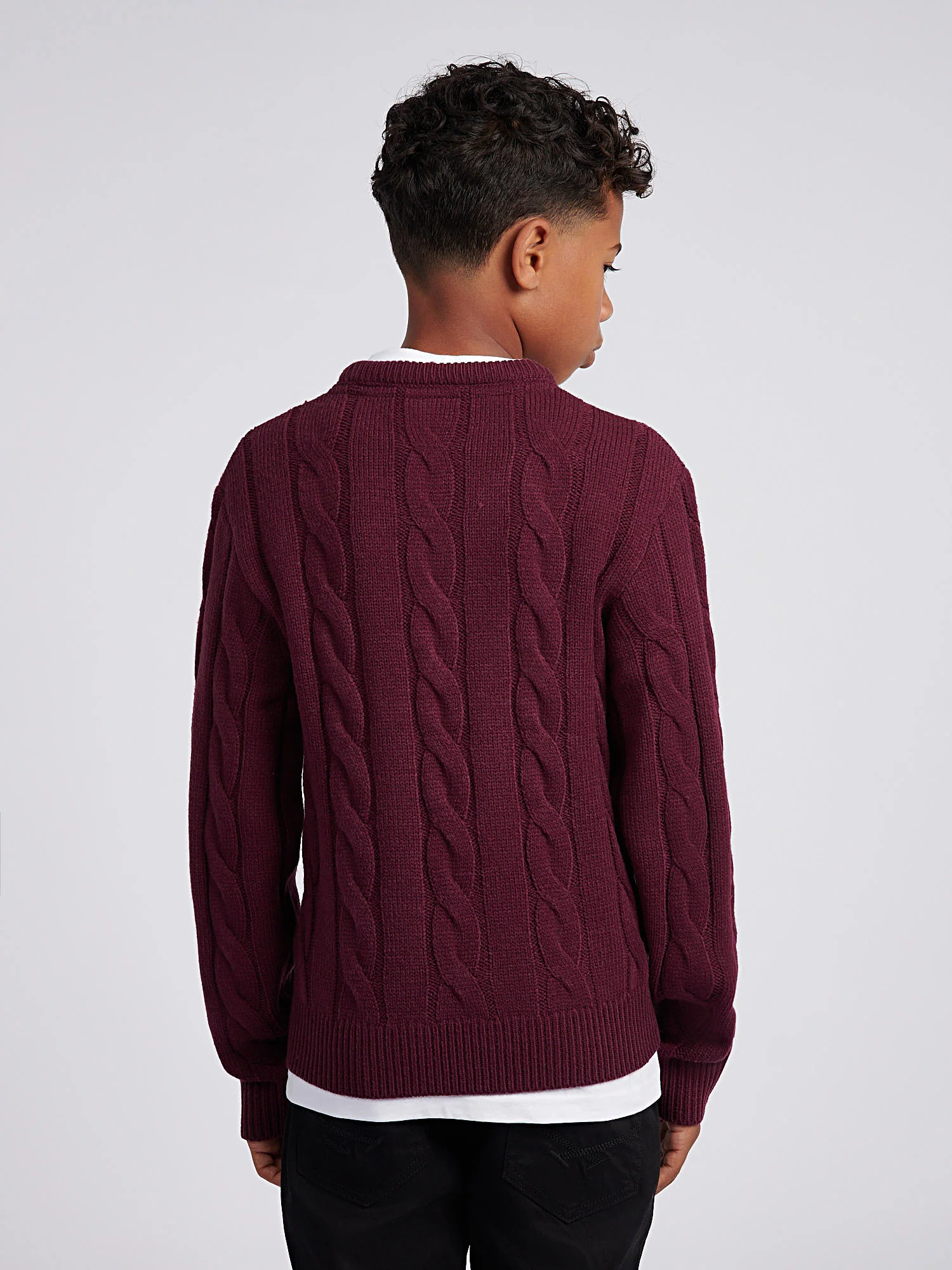 Boys Cable Knit Crew in Grape Wine - Image 4