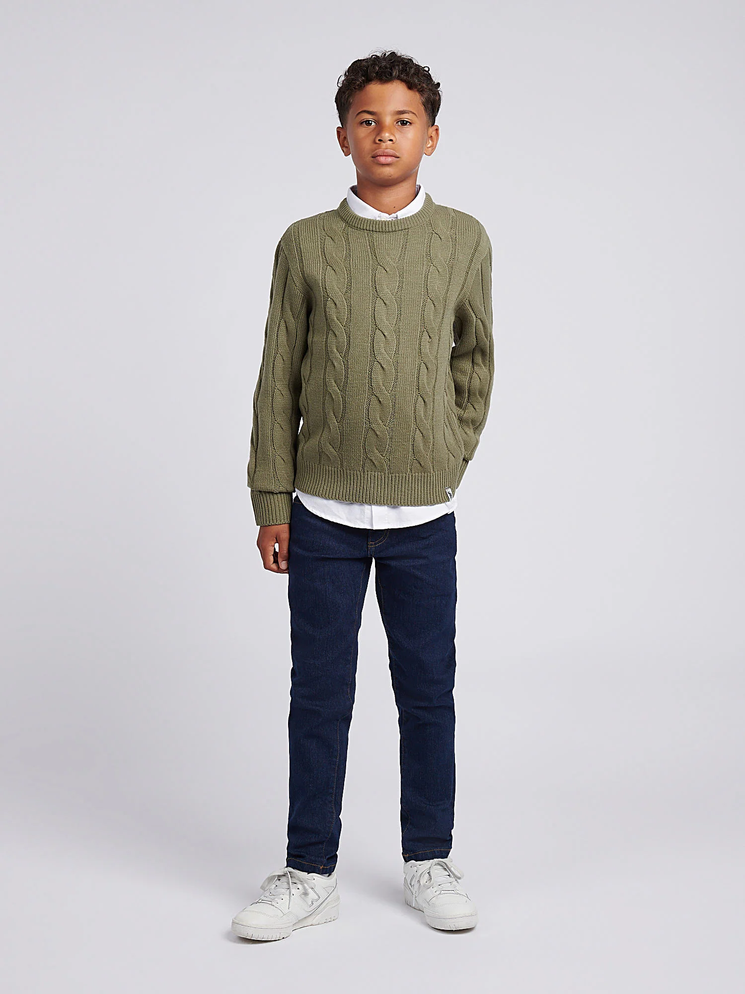 Boys Cable Knit Crew in Mulled Basil - Image 3