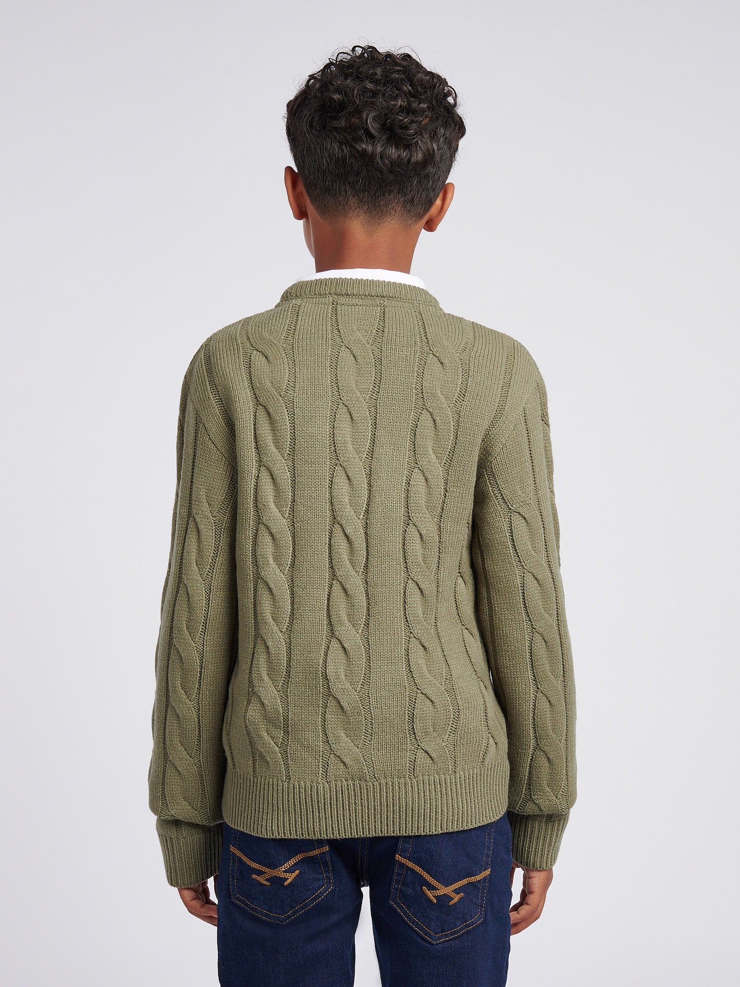 Boys Cable Knit Crew in Mulled Basil - Image 4