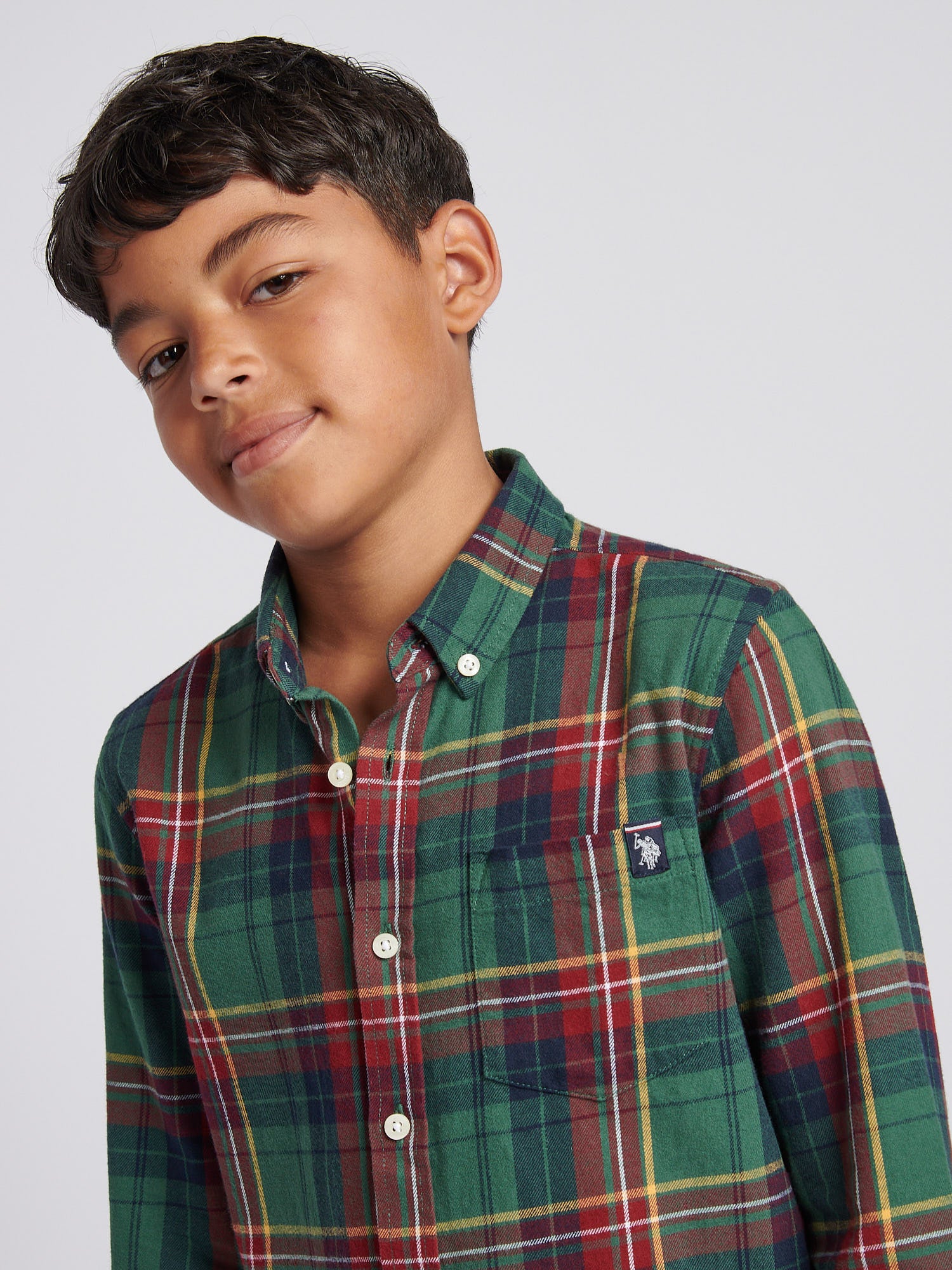 Boys Checked Buttondown Pocket Shirt in Pineneedle - Image 2