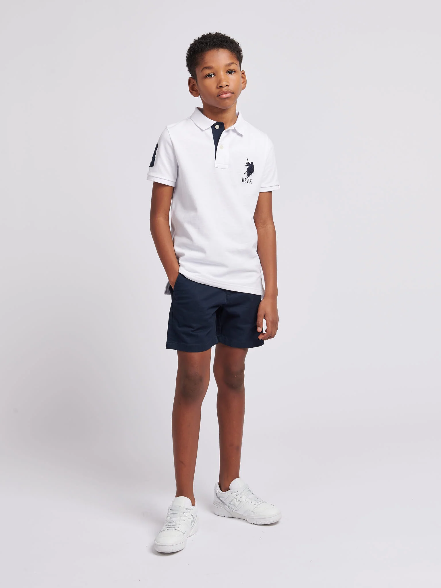 Boys Classic Chino Shorts in Dark Sapphire Navy / Haute Red DHM - Image 3