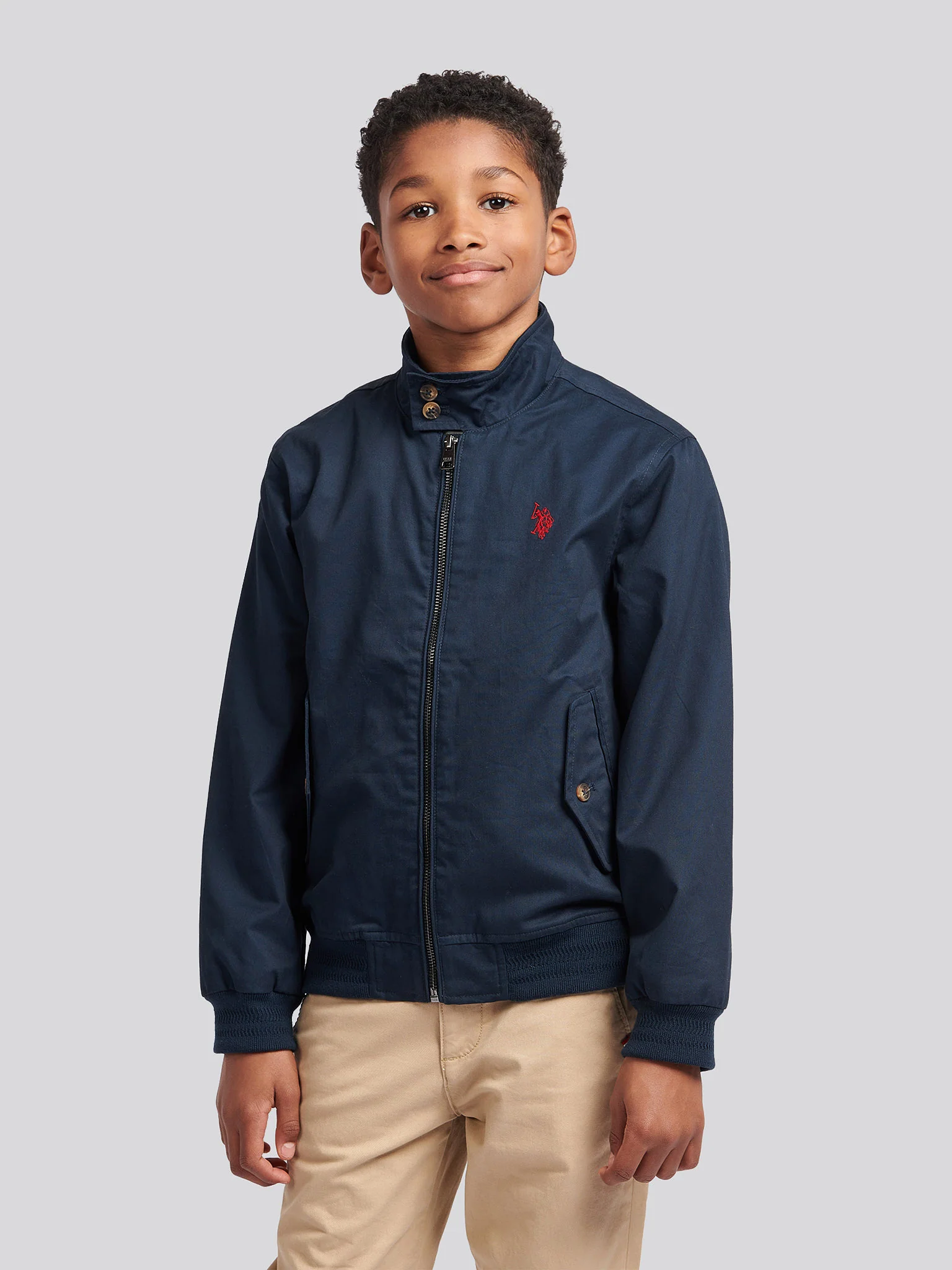 Boys Cotton Twill Harrington Jacket in Dark Sapphire Navy / Haute Red DHM