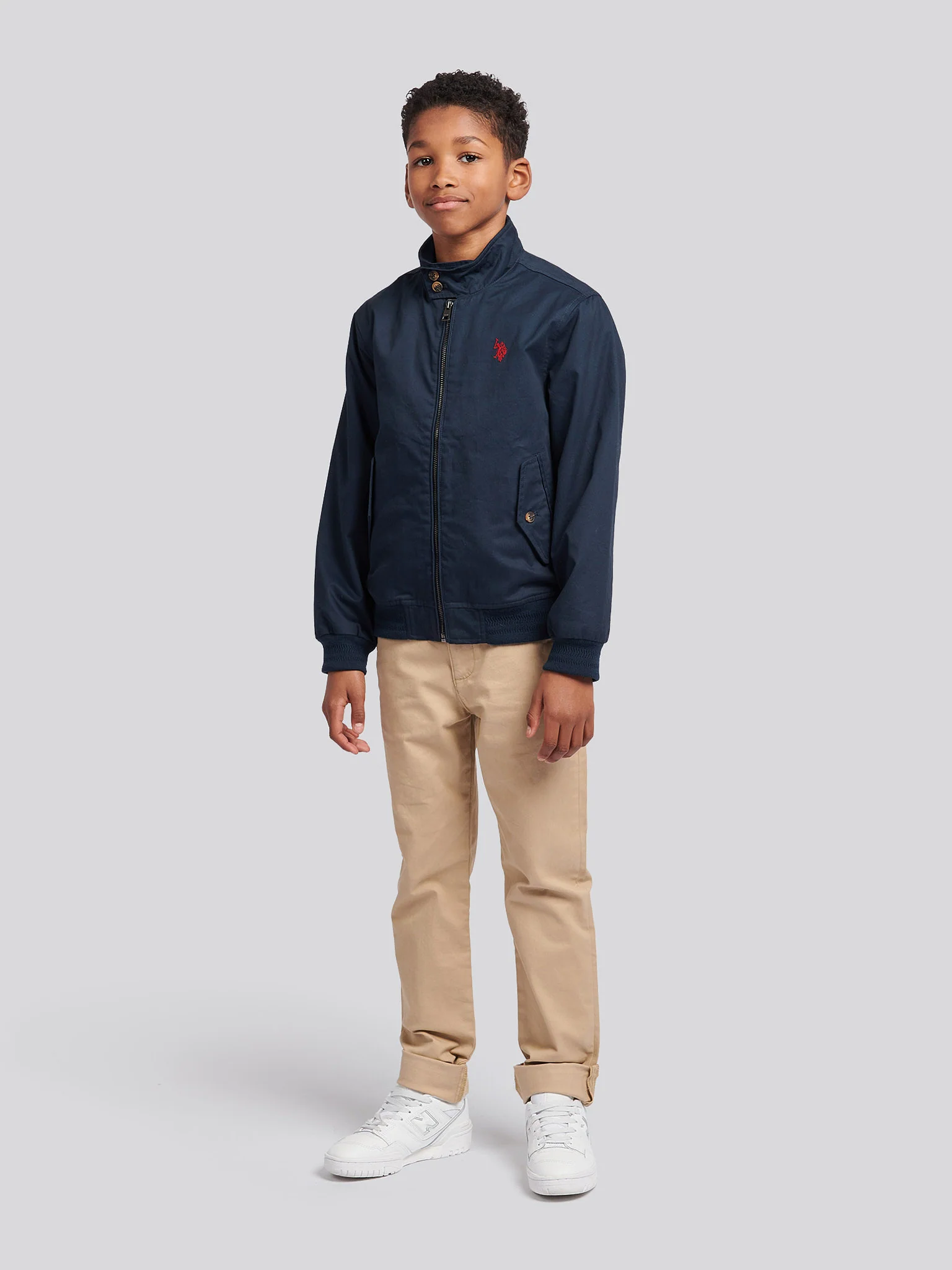 Boys Cotton Twill Harrington Jacket in Dark Sapphire Navy / Haute Red DHM - Image 3