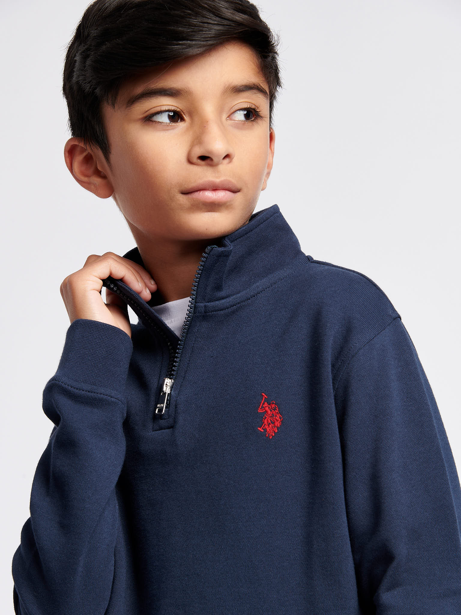 Boys Double Horsemen 1/4 Zip in Dark Sapphire Navy / Haute Red DHM - Image 2