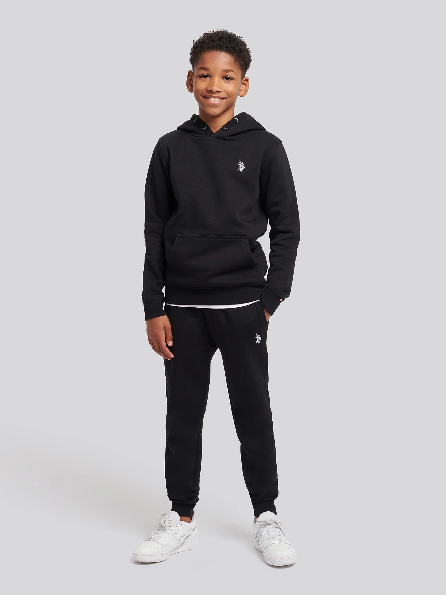 Boys Double Horsemen Brush Back Hoodie in Black Bright White DHM - Image 2