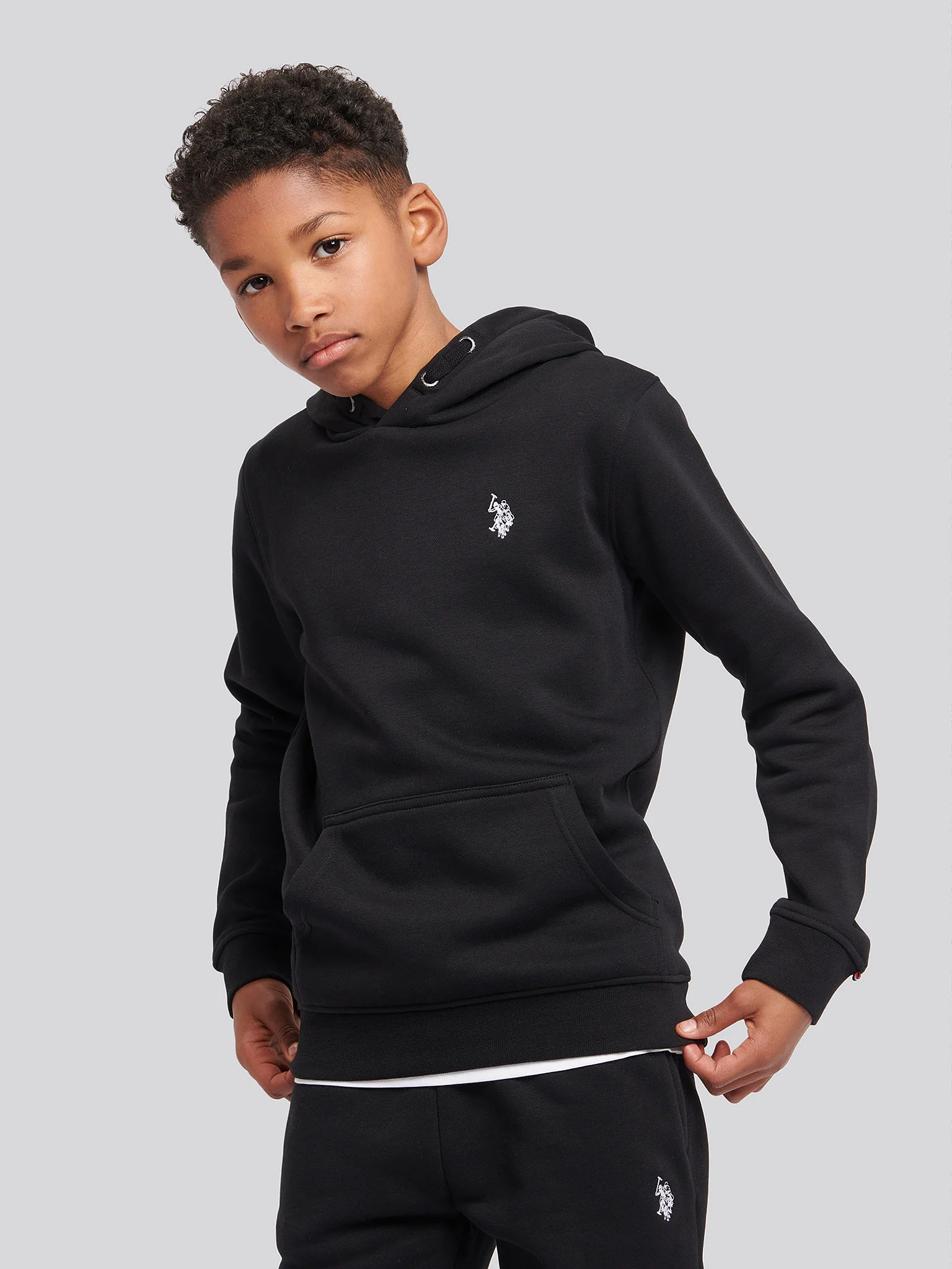 Boys Double Horsemen Brush Back Hoodie in Black Bright White DHM - Image 5