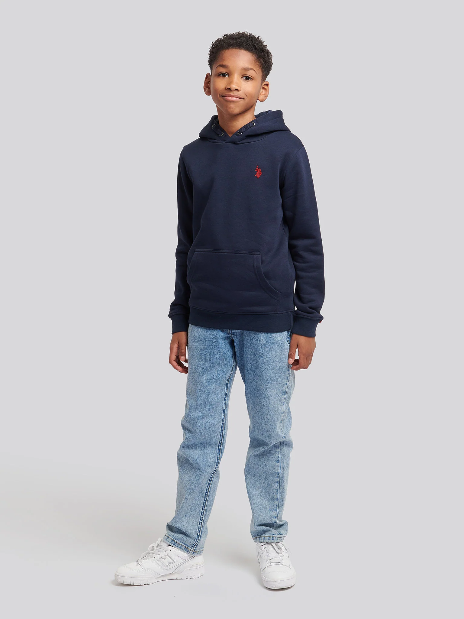 Boys Double Horsemen Brush Back Hoodie in Dark Sapphire Navy / Haute Red DHM - Image 2