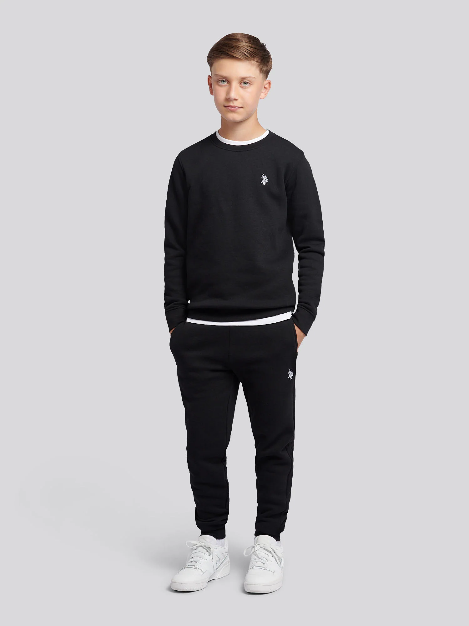 Boys Double Horsemen Crew & Jogger Set in Black Bright White DHM