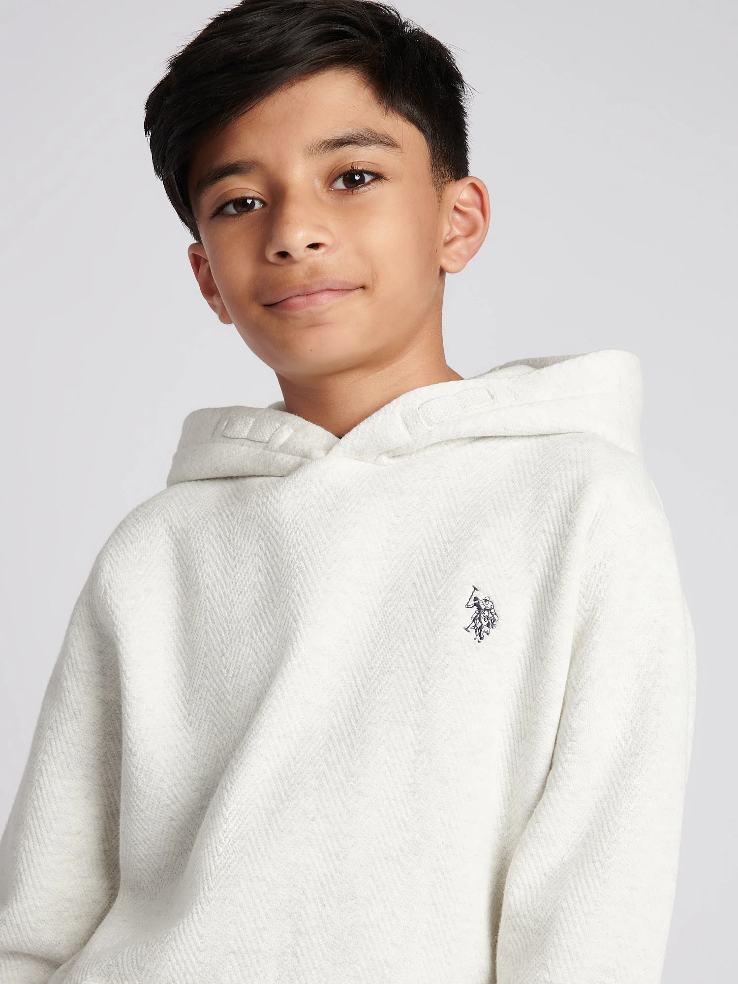 Boys Double Horsemen Herringbone Hoodie in Light Grey Marl - Image 2