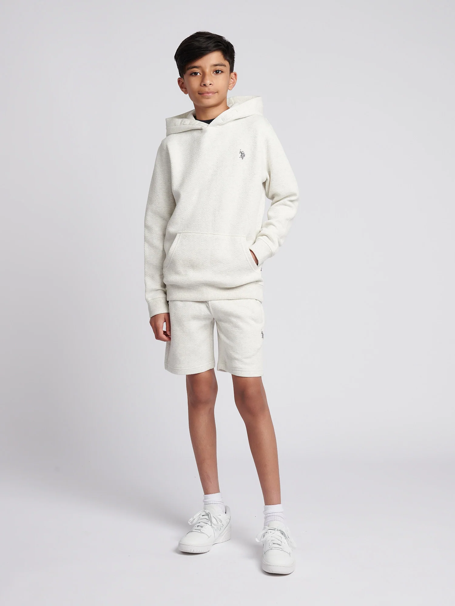 Boys Double Horsemen Herringbone Hoodie in Light Grey Marl - Image 3