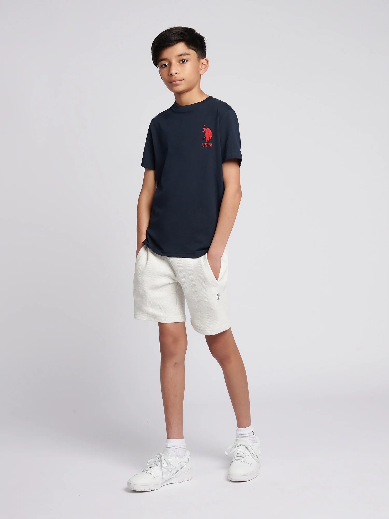 Boys Double Horsemen Herringbone Sweat Short in Light Grey Marl - Image 3