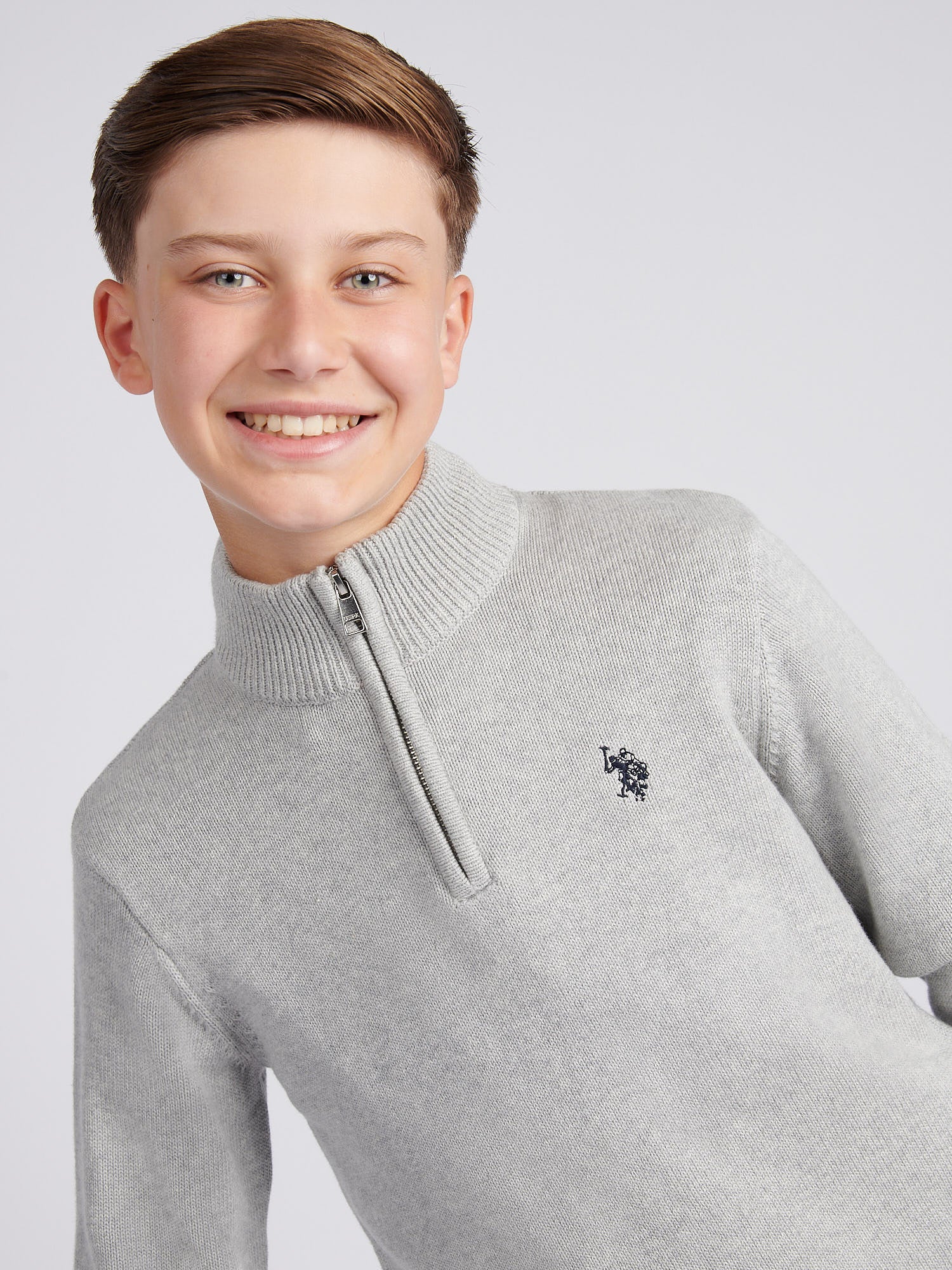 Boys Double Horsemen Knit 1/4 Zip in Mid Grey Marl - Image 2