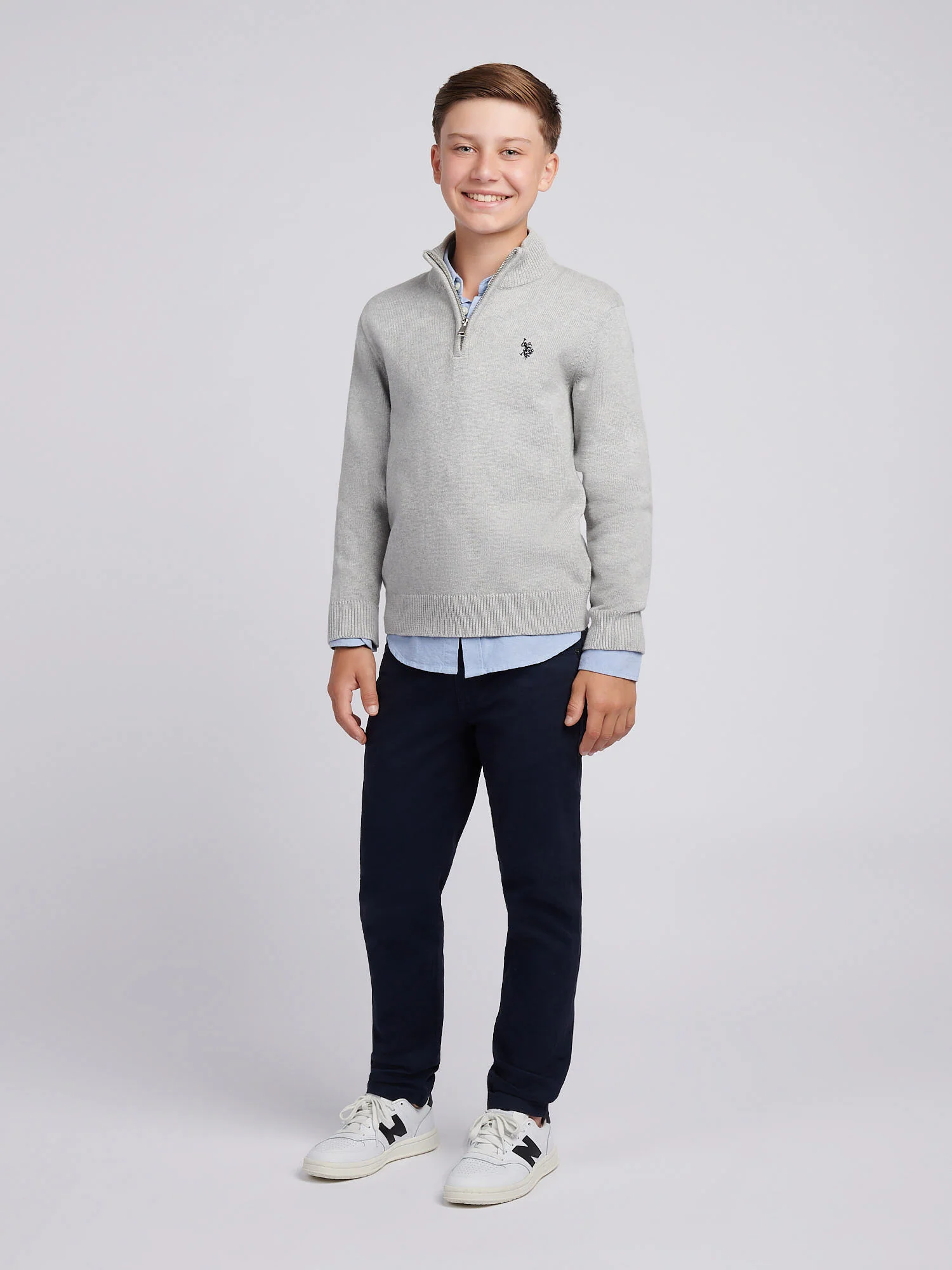 Boys Double Horsemen Knit 1/4 Zip in Mid Grey Marl - Image 3