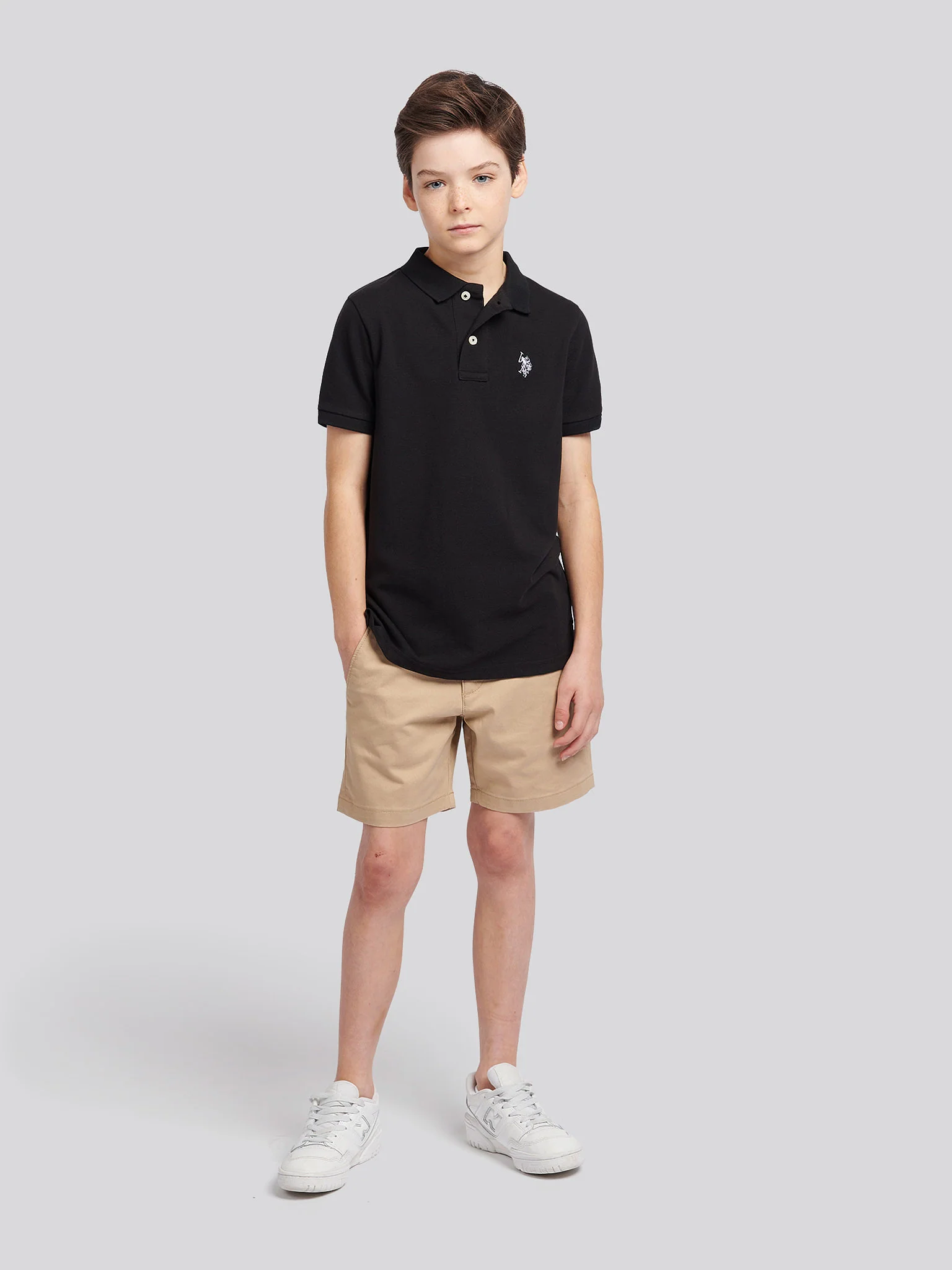 Boys Double Horsemen Polo Shirt in Black Bright White DHM - Image 3