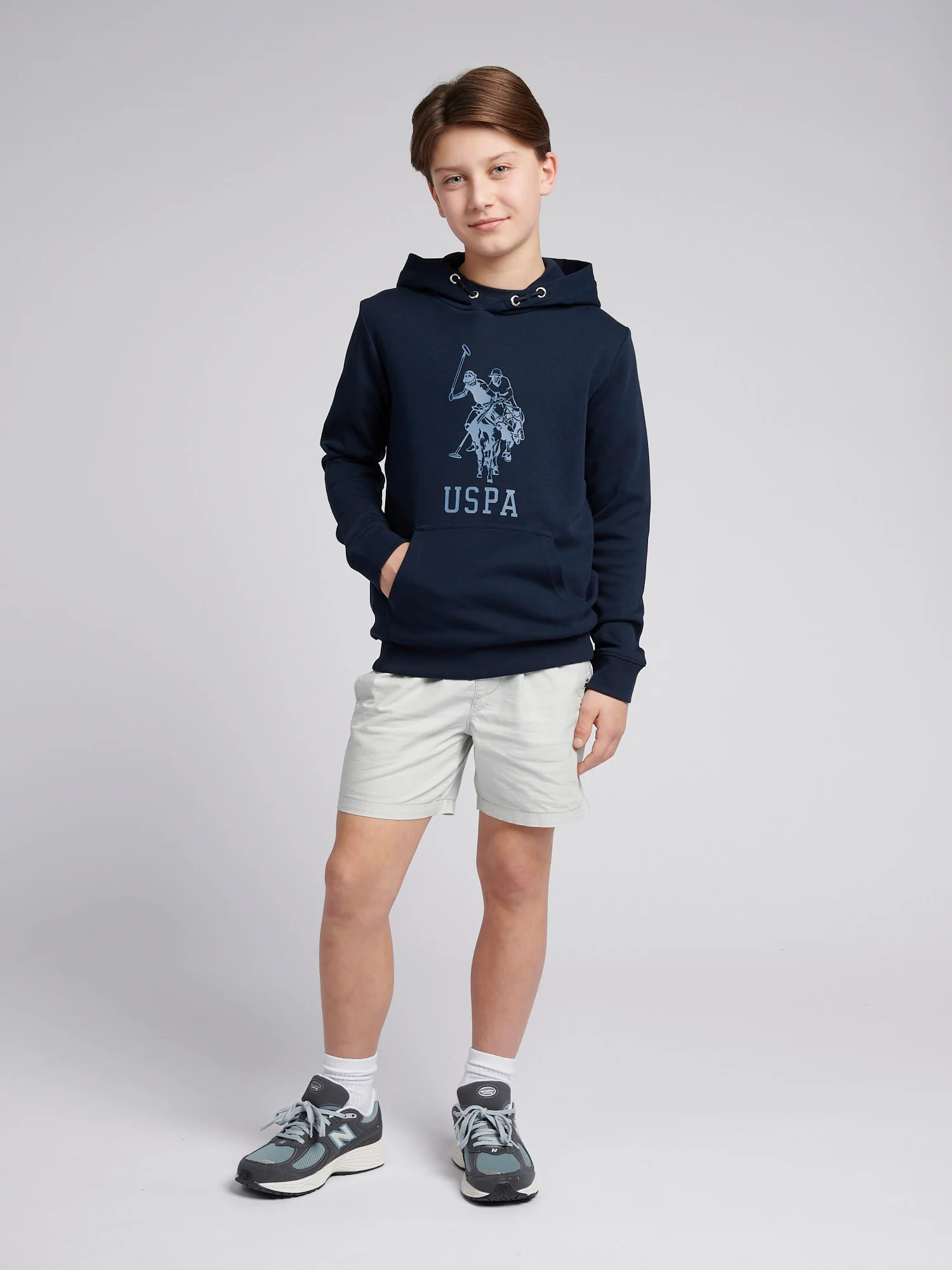Boys Double Horsemen Statement Hoodie in Dark Sapphire Navy - Image 3