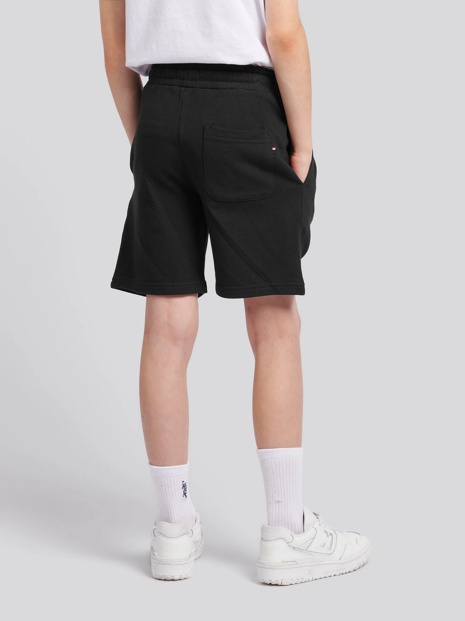 Boys Double Horsemen Sweat Short in Black Bright White DHM - Image 3