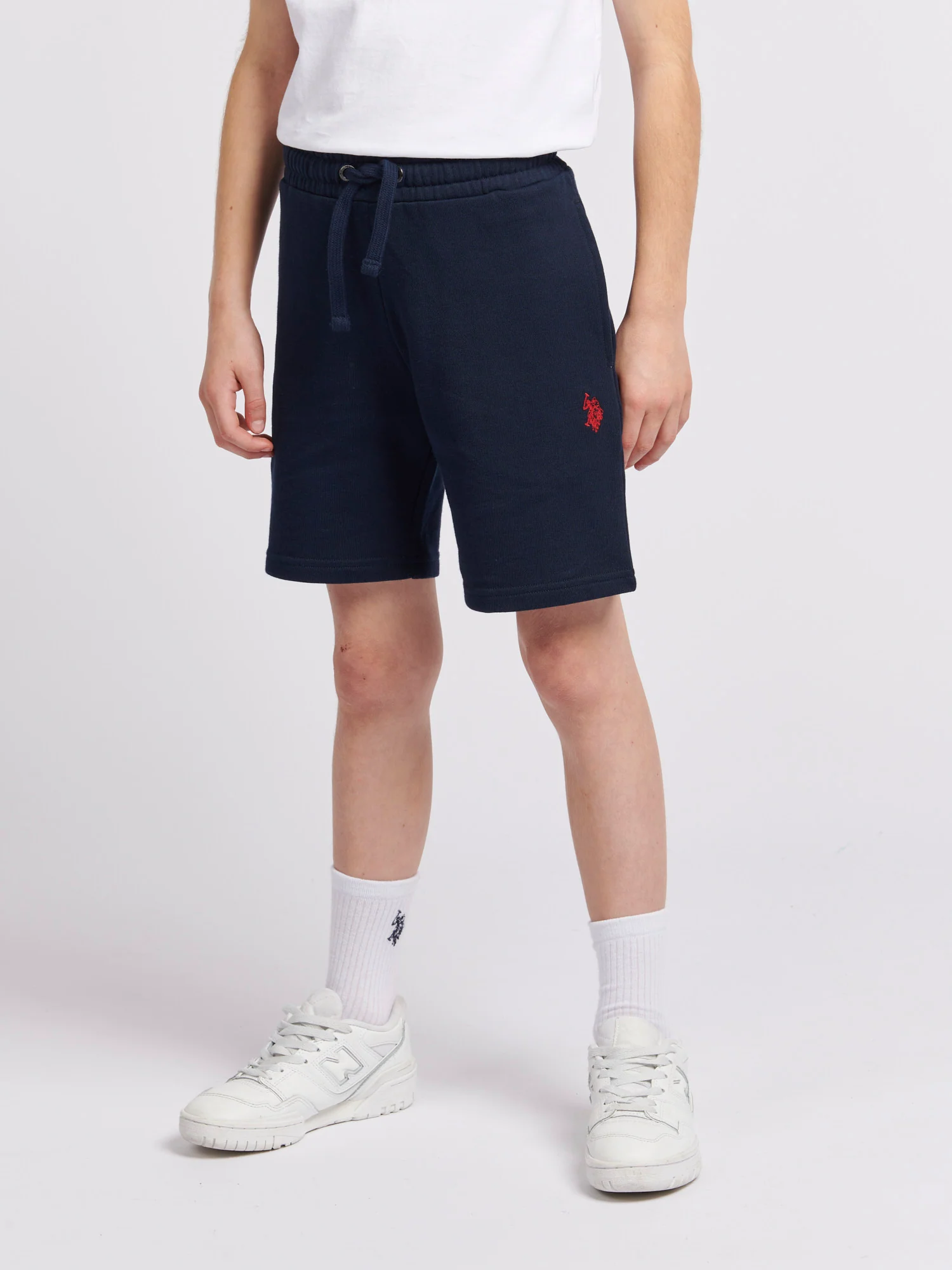 Boys Double Horsemen Sweat Short in Dark Sapphire Navy / Haute Red DHM