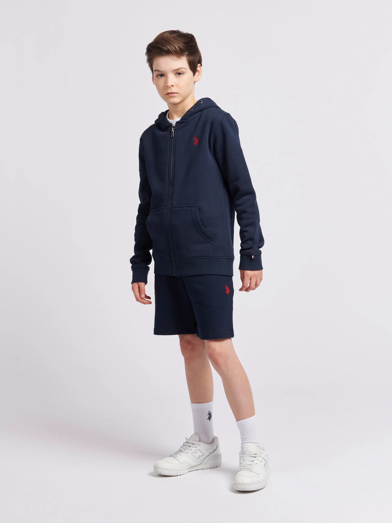Boys Double Horsemen Sweat Short in Dark Sapphire Navy / Haute Red DHM - Image 3