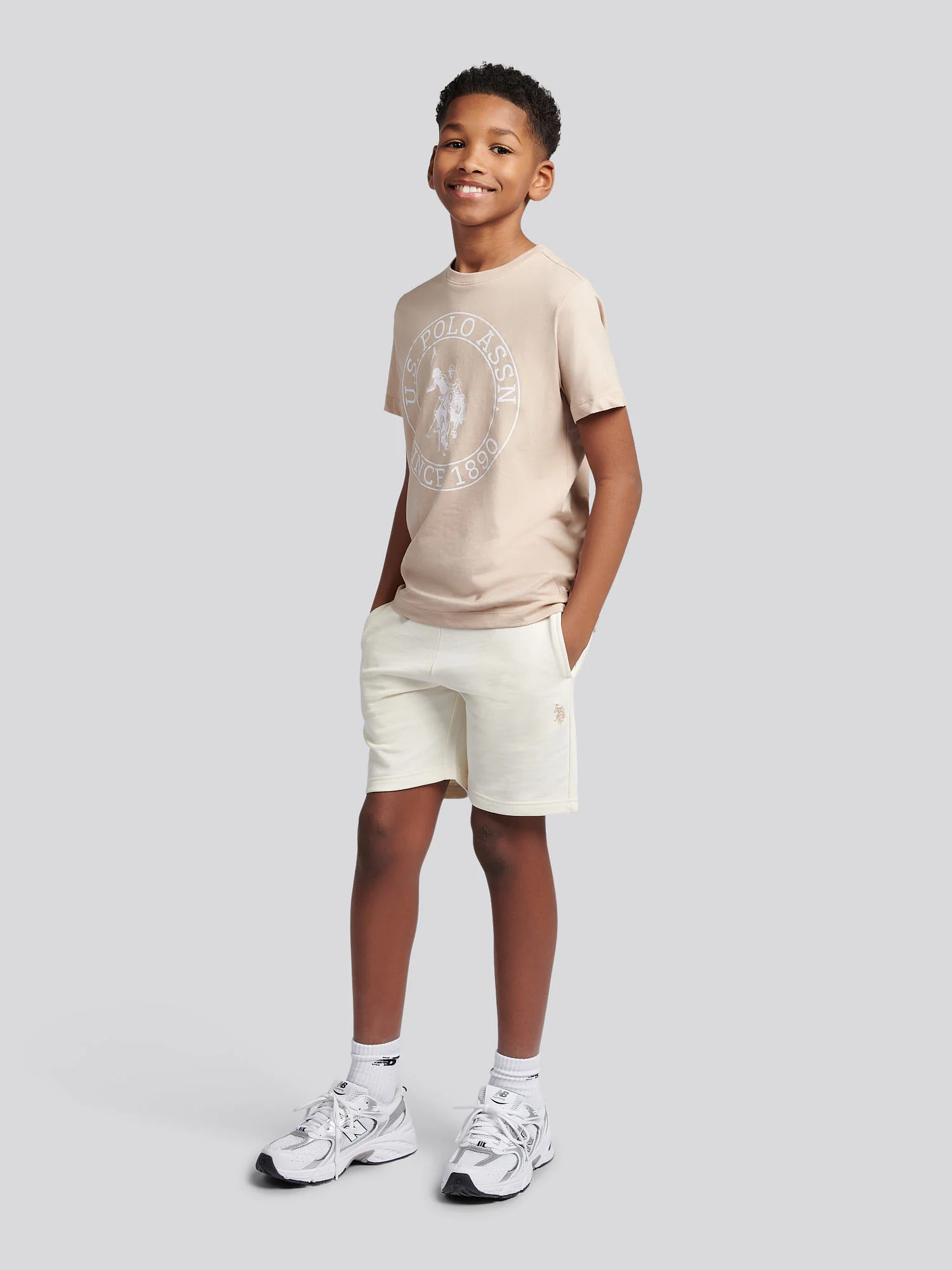 Boys Double Horsemen Sweat Short in Whisper White - Image 3