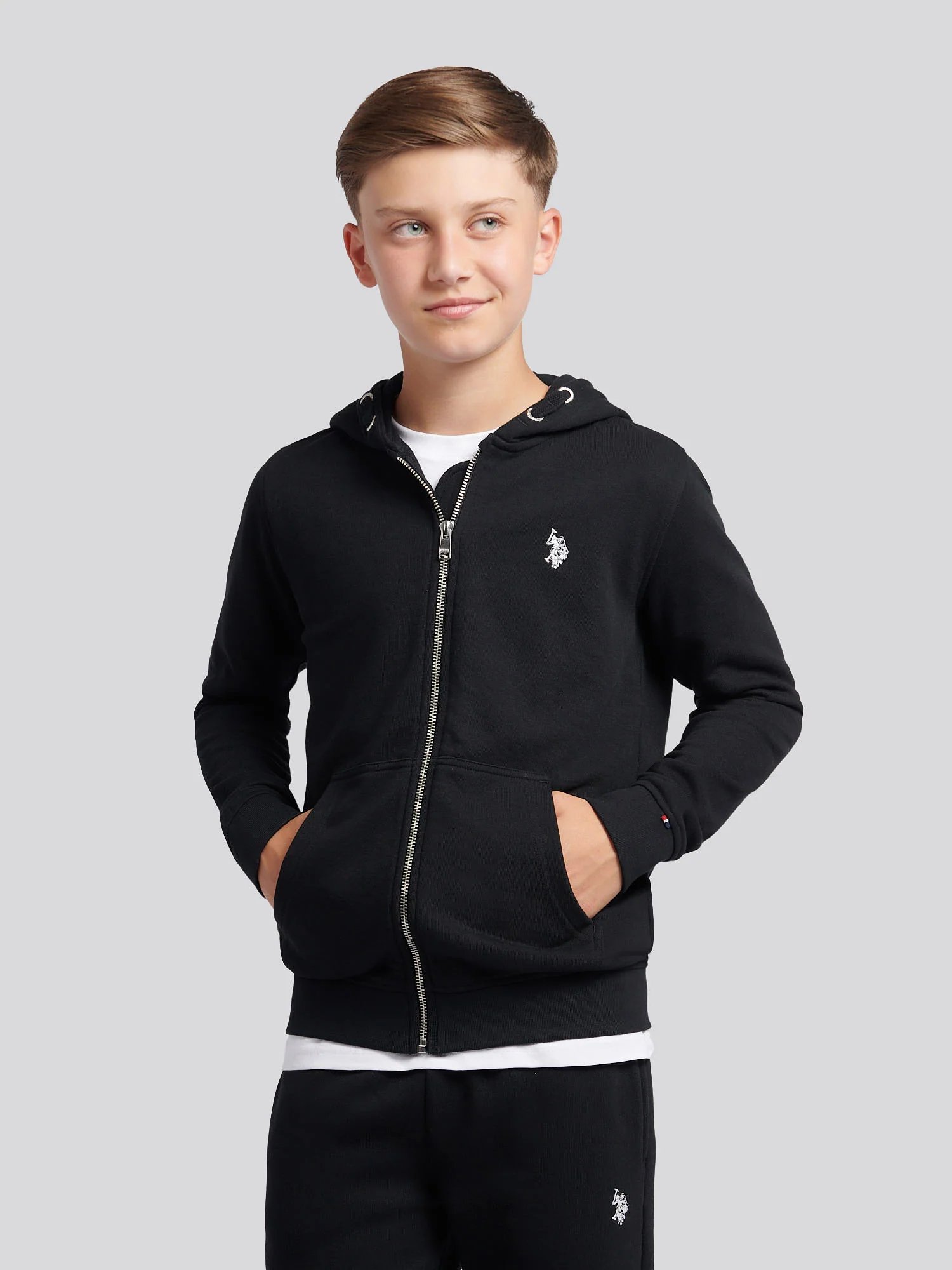Boys Double Horsemen Zip Hoodie Black Bright White DHM