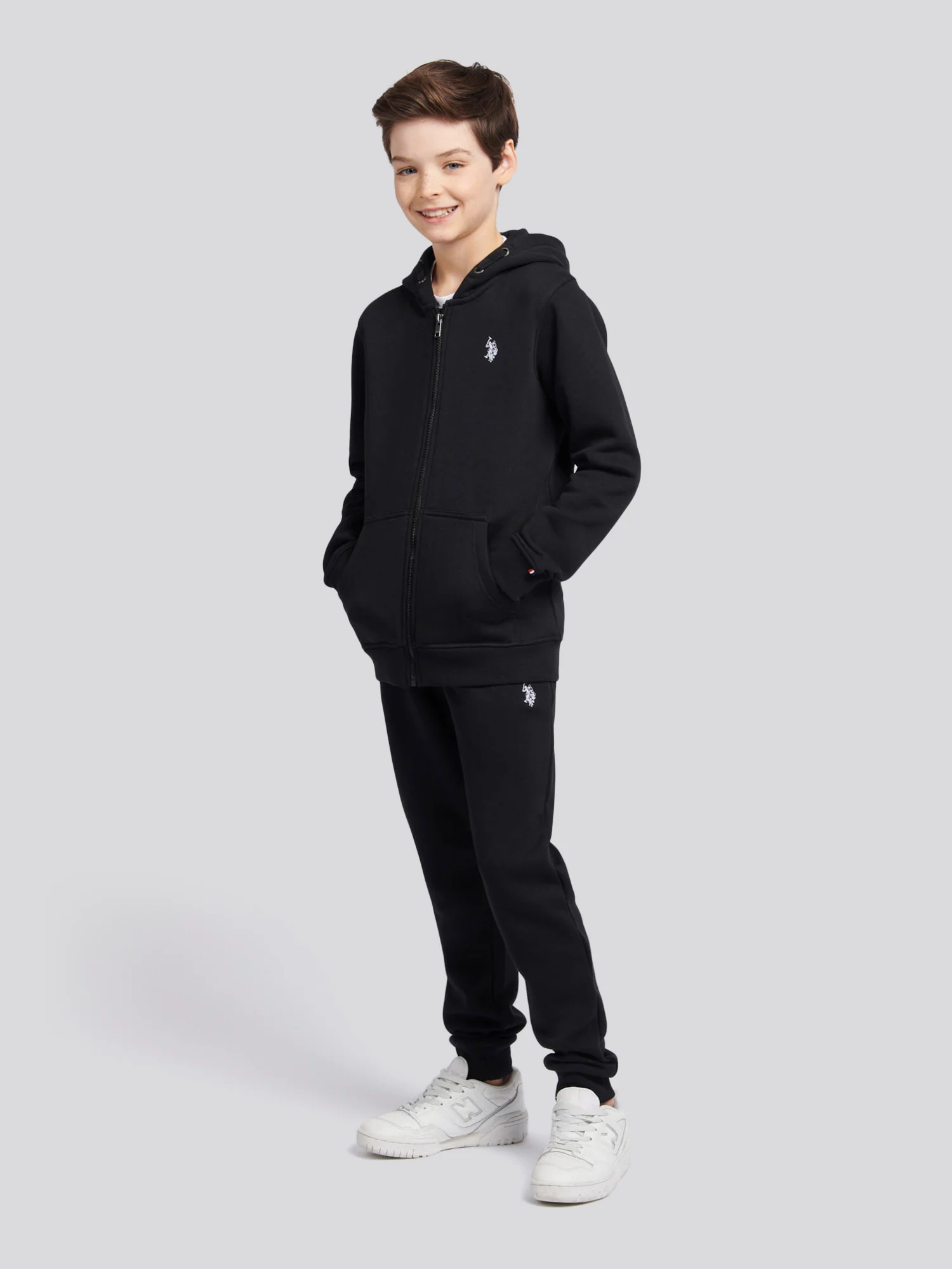 Boys Double Horsemen Zip Hoodie in Black Bright White DHM - Image 3