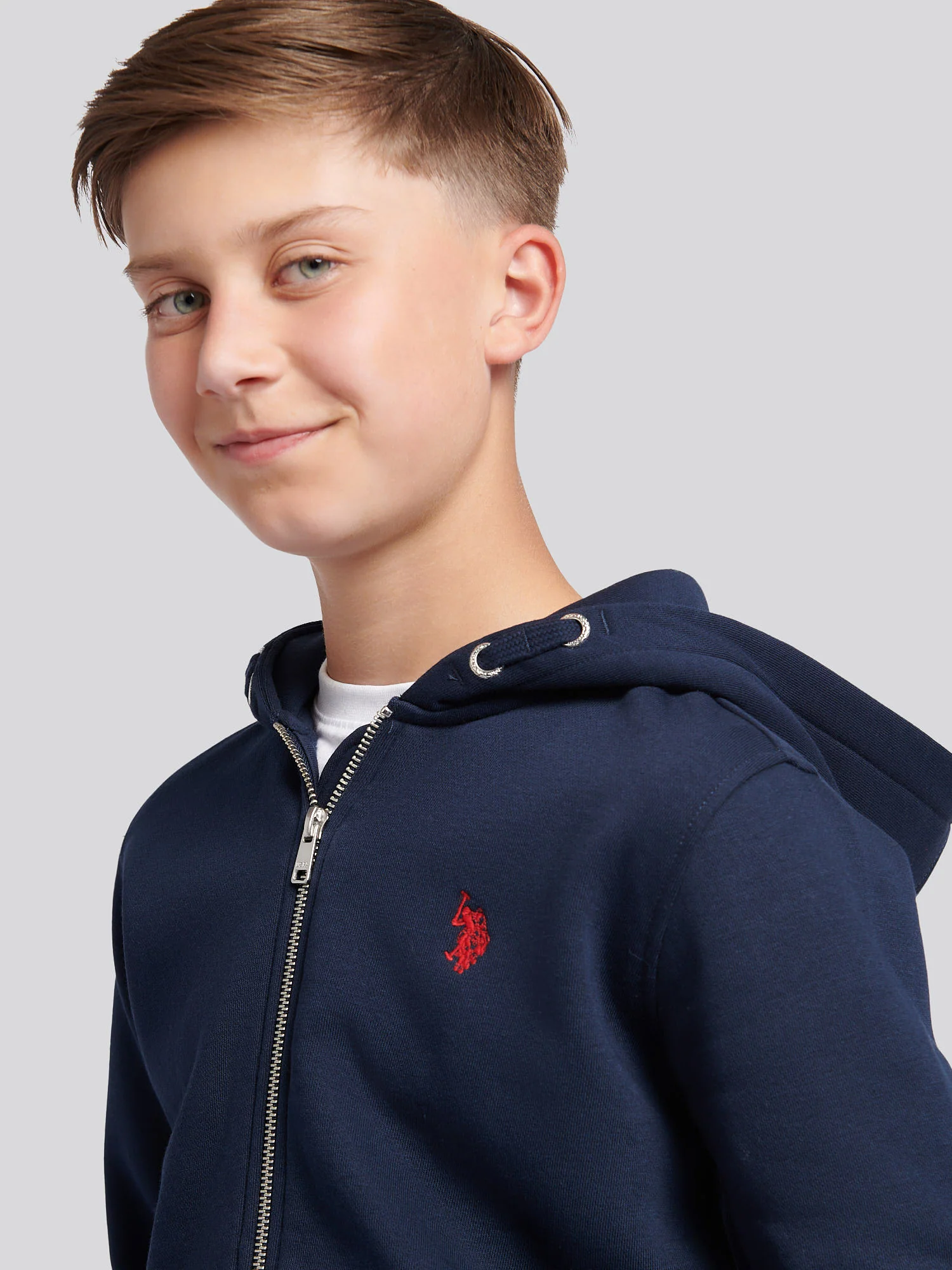 Boys Double Horsemen Zip Hoodie in Dark Sapphire Navy / Haute Red DHM - Image 2
