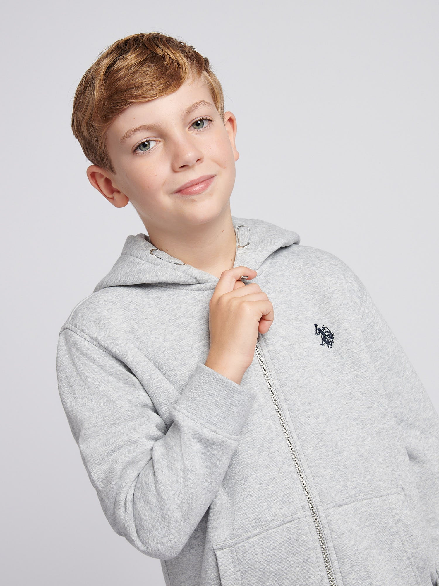 Boys Double Horsemen Zip Hoodie in Mid Grey Marl - Image 2