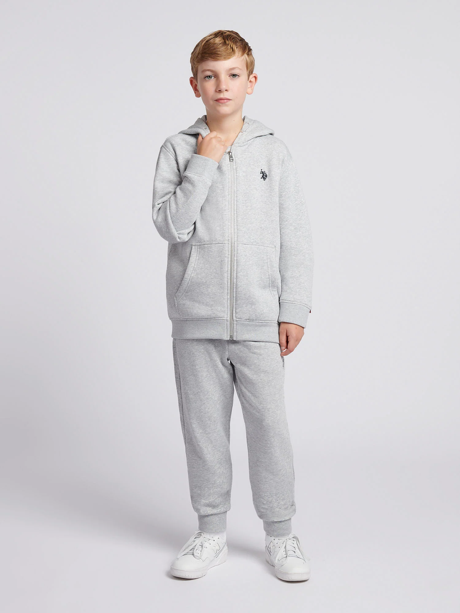 Boys Double Horsemen Zip Hoodie in Mid Grey Marl - Image 3