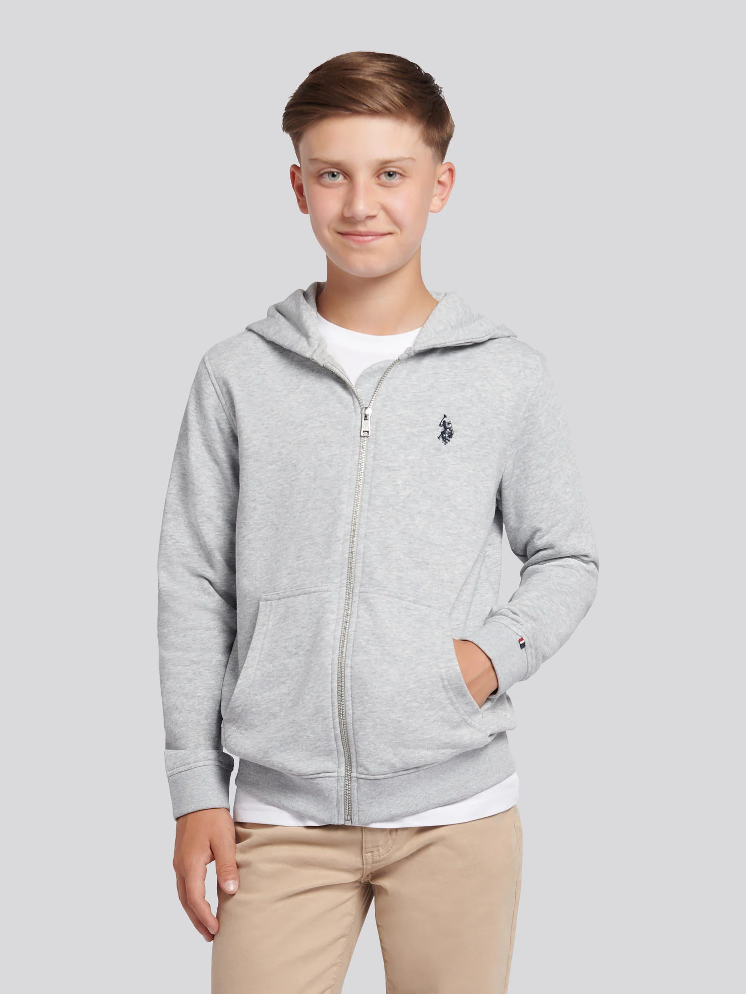Boys Double Horsemen Zip Hoodie Mid Grey Marl