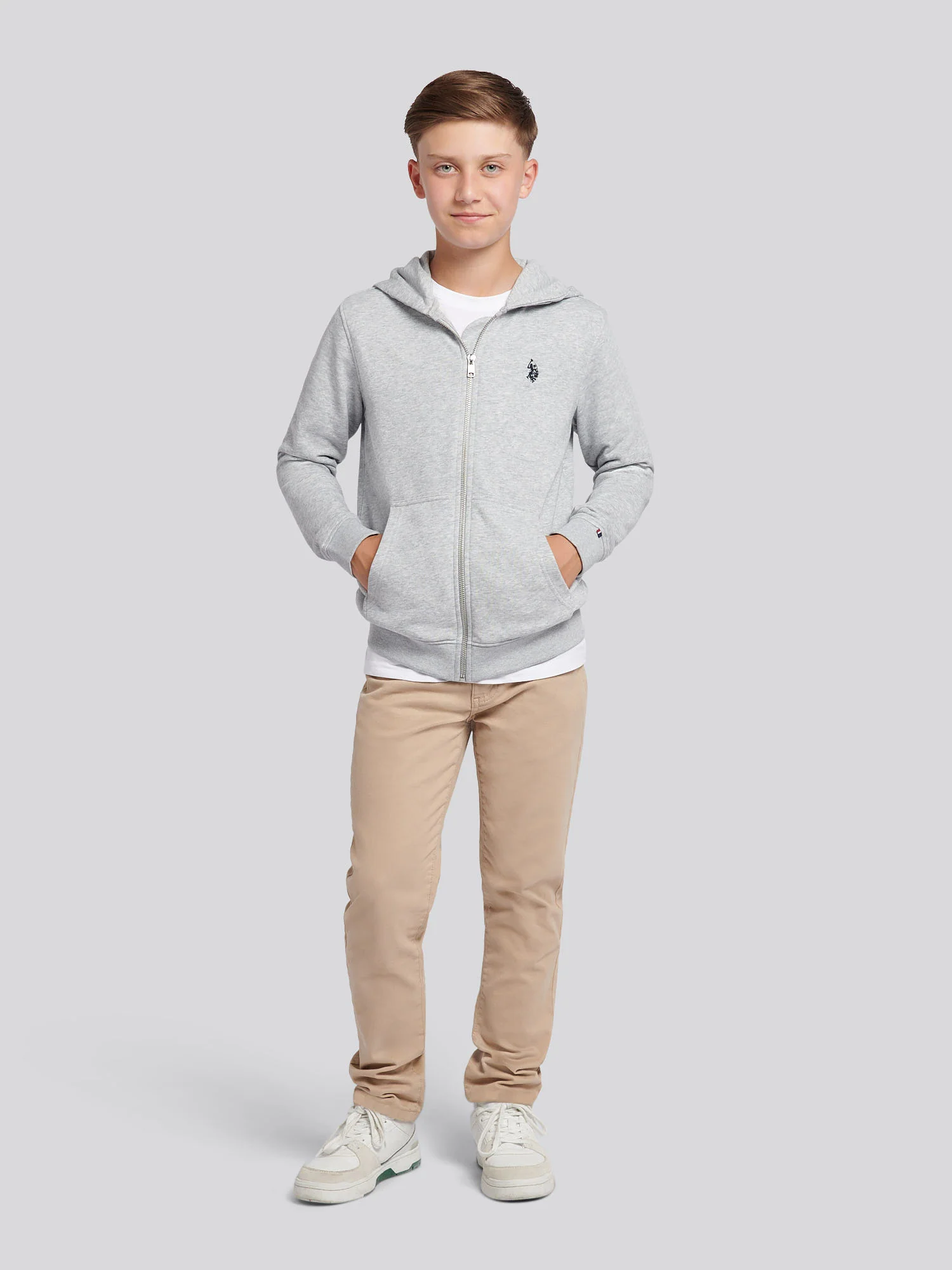 Boys Double Horsemen Zip Hoodie Mid Grey Marl - Image 3