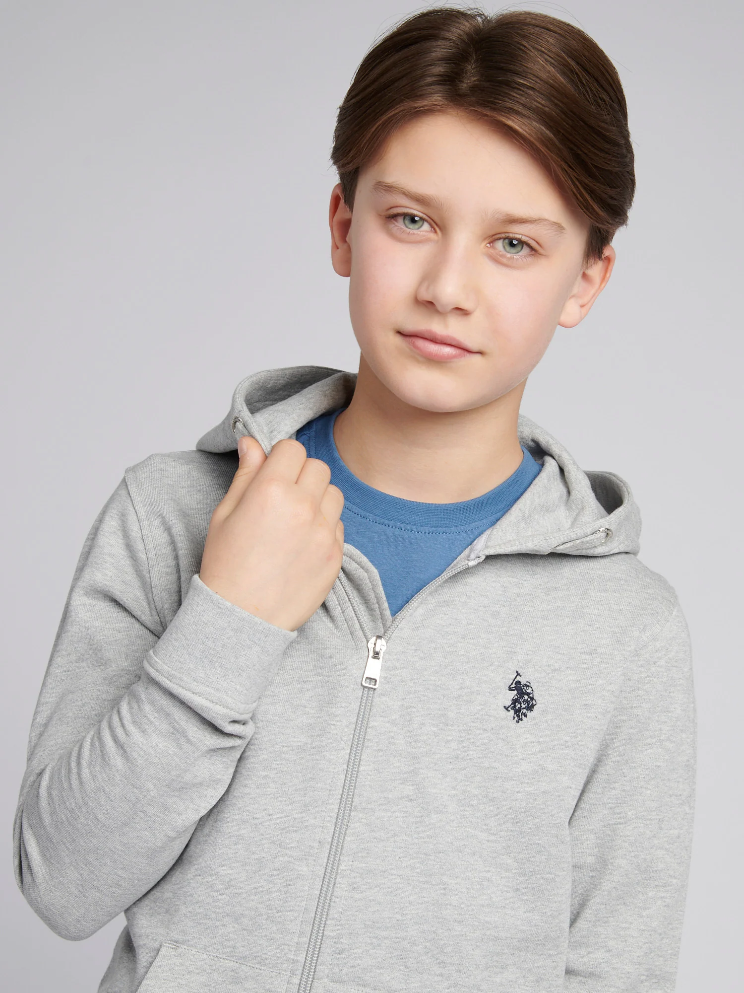 Boys Double Horsemen Zip Hoodie in Mid Grey Marl - Image 2