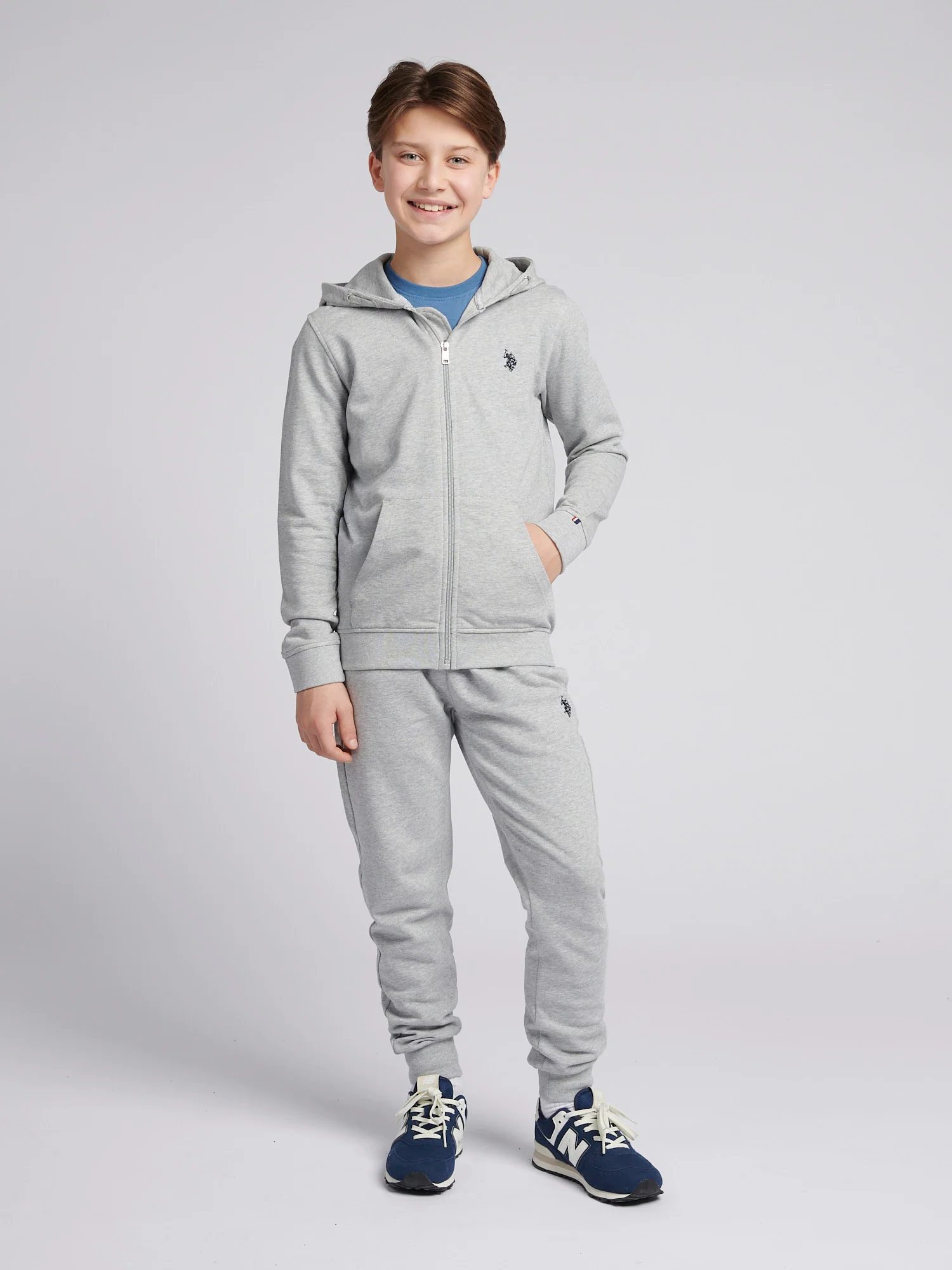 Boys Double Horsemen Zip Hoodie in Mid Grey Marl - Image 3