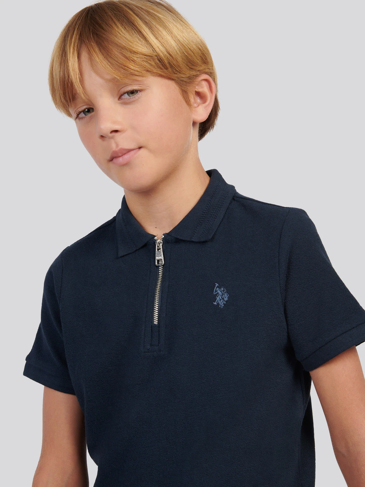 Boys Flat Pile Texture Zip Polo Shirt in Dark Sapphire Navy / Moonlight Blue DHM - Image 2