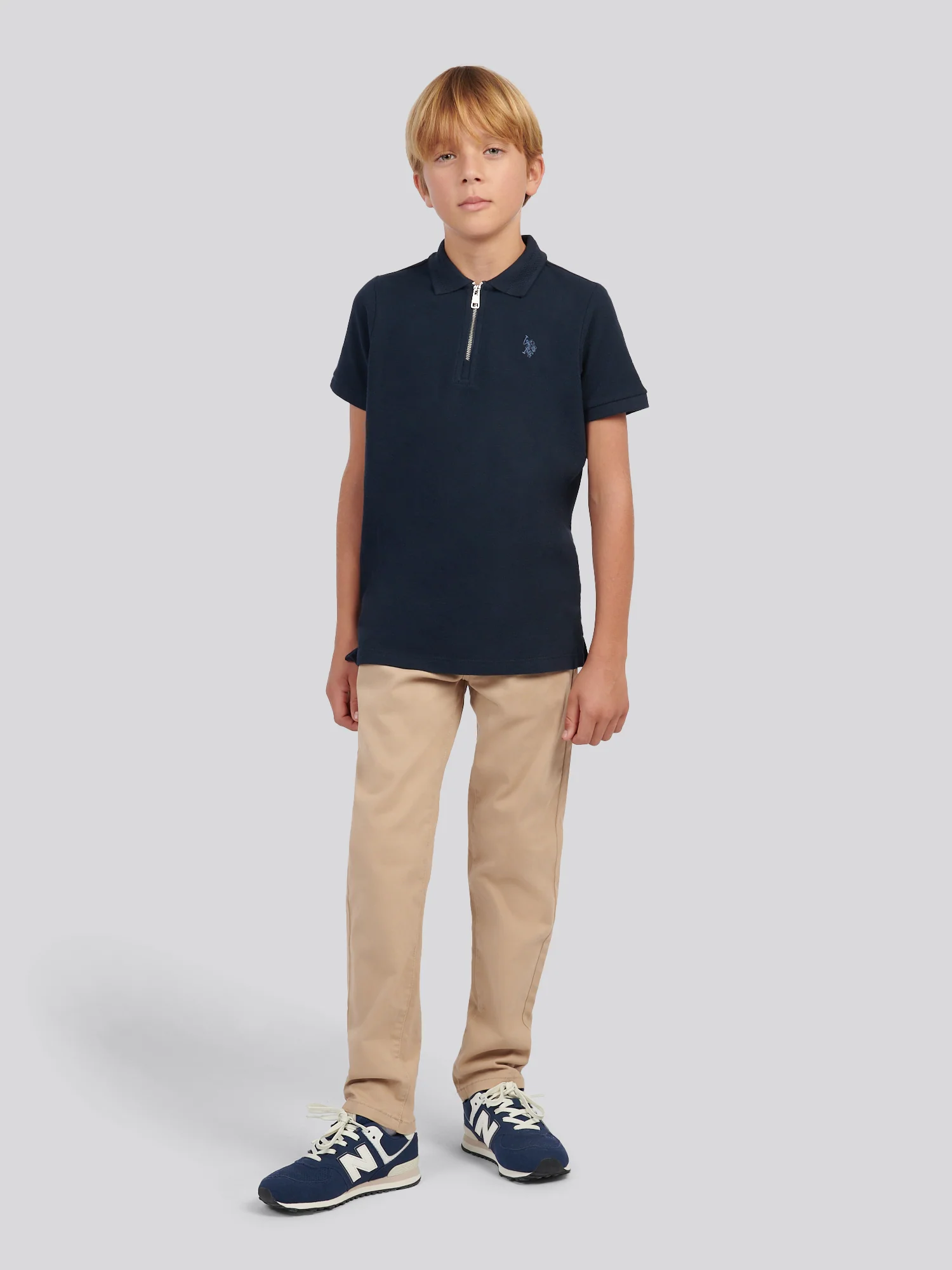 Boys Flat Pile Texture Zip Polo Shirt in Dark Sapphire Navy / Moonlight Blue DHM - Image 3