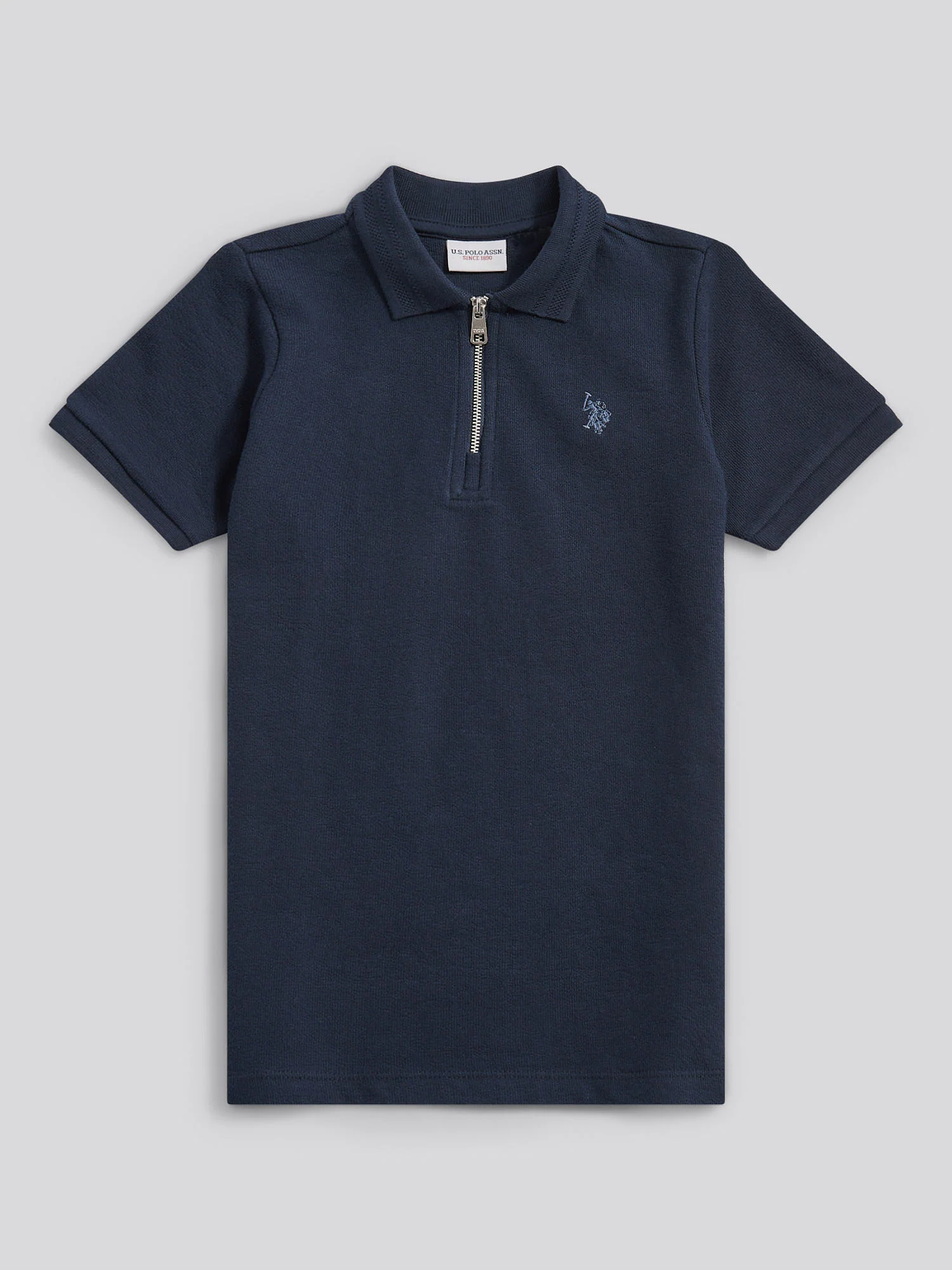 Boys Flat Pile Texture Zip Polo Shirt in Dark Sapphire Navy / Moonlight Blue DHM - Image 5