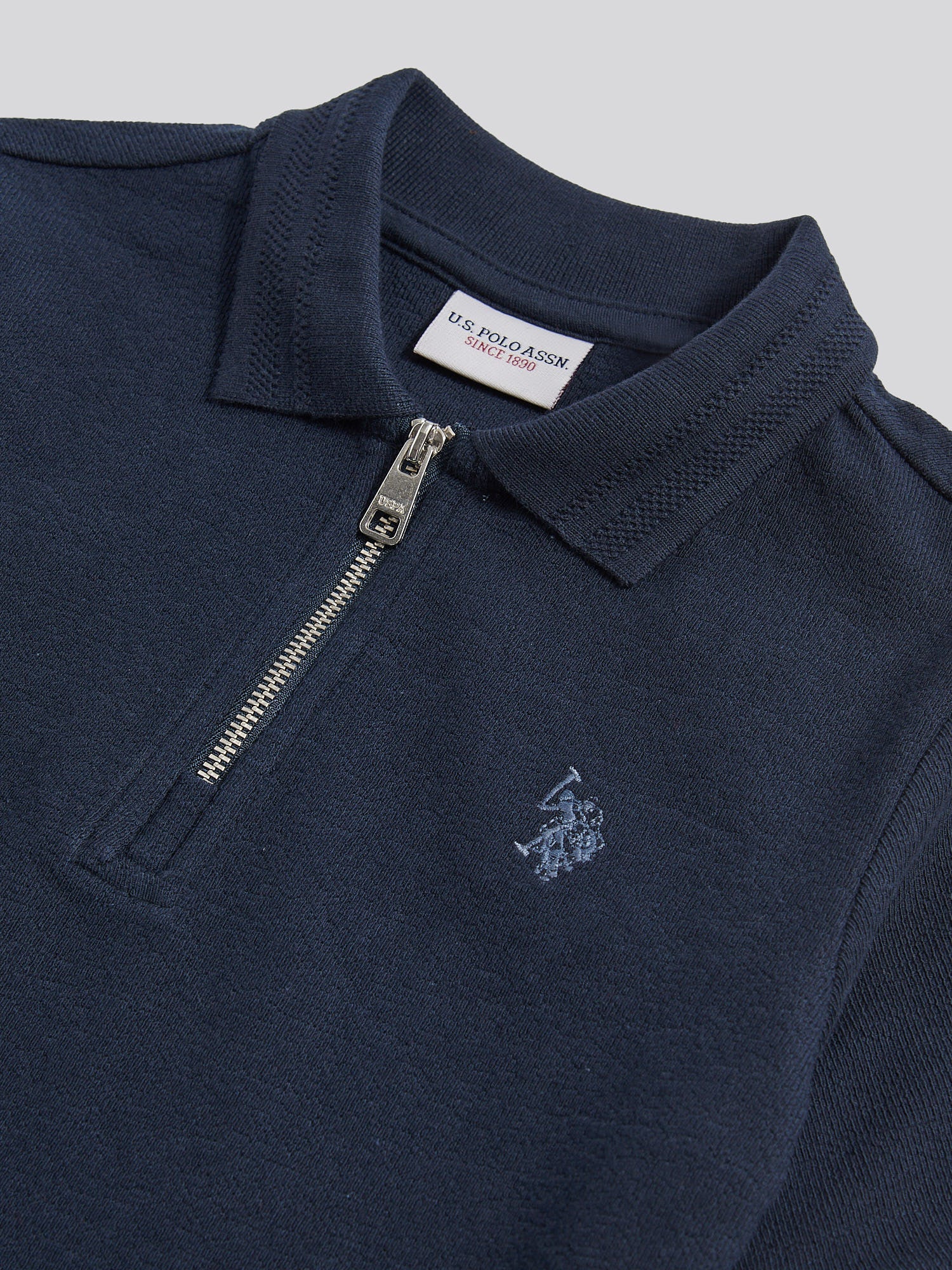 Boys Flat Pile Texture Zip Polo Shirt in Dark Sapphire Navy / Moonlight Blue DHM - Image 7