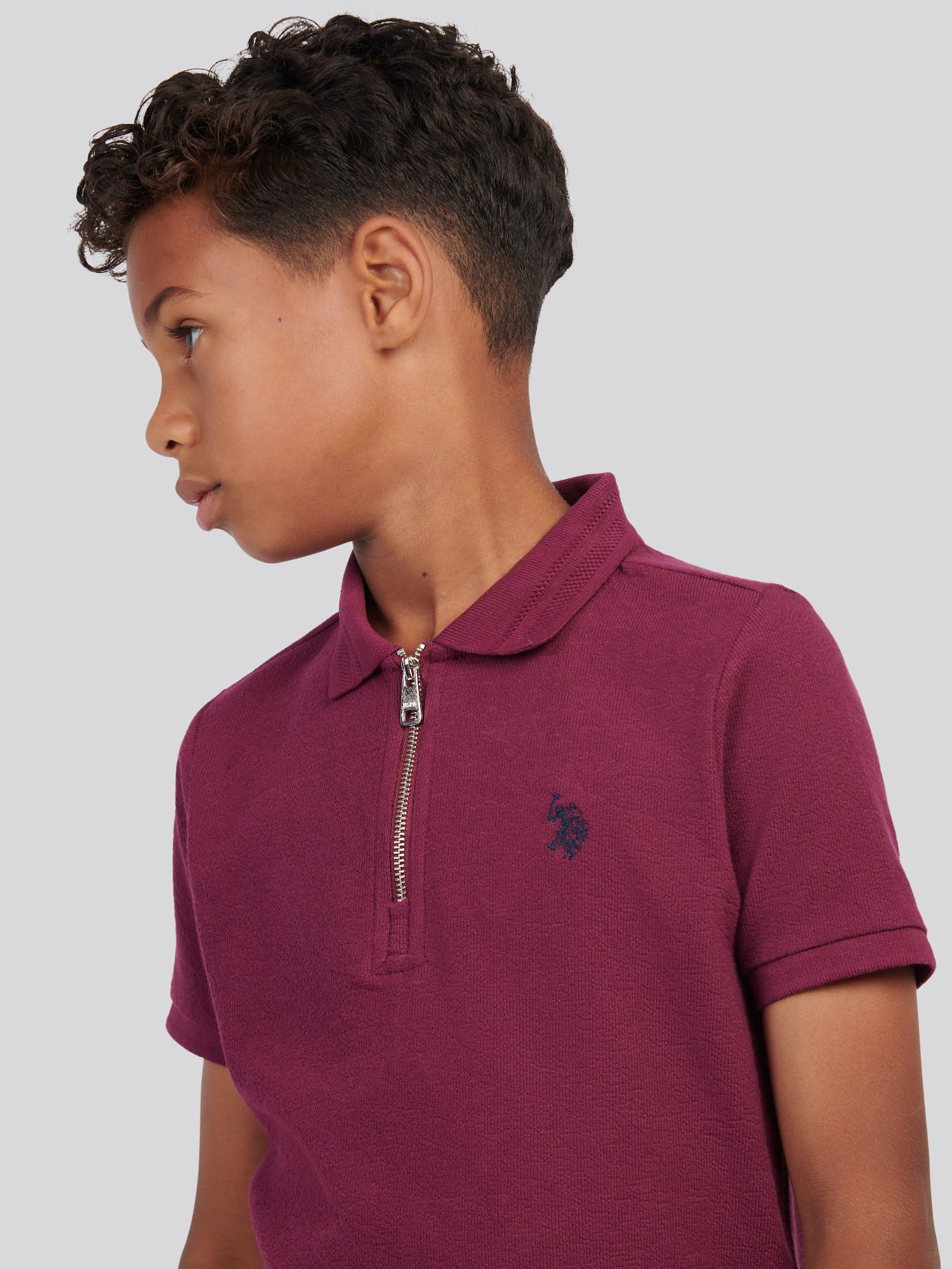 Boys Flat Pile Texture Zip Polo Shirt in Grape Wine - Image 2