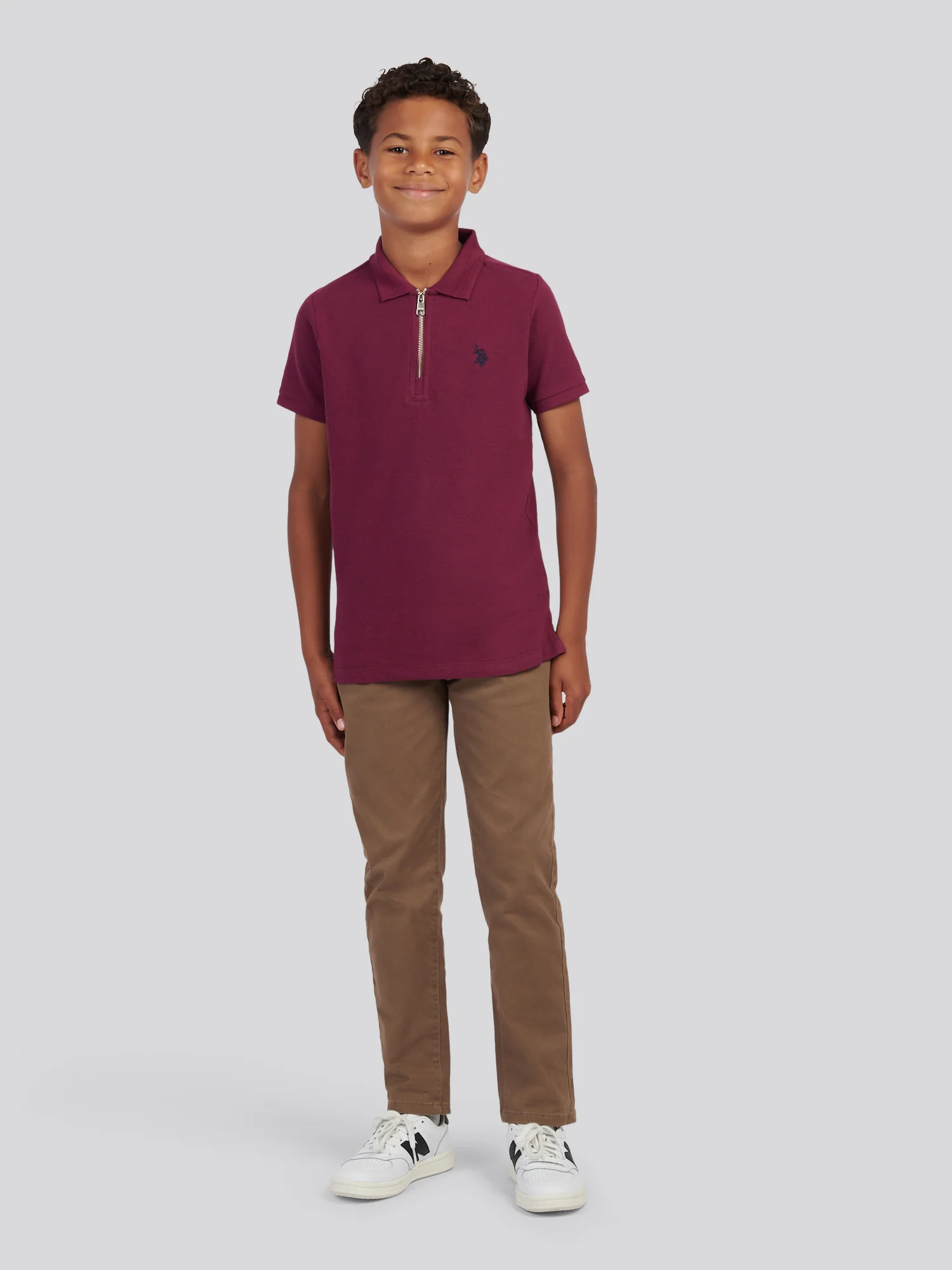 Boys Flat Pile Texture Zip Polo Shirt in Grape Wine - Image 3