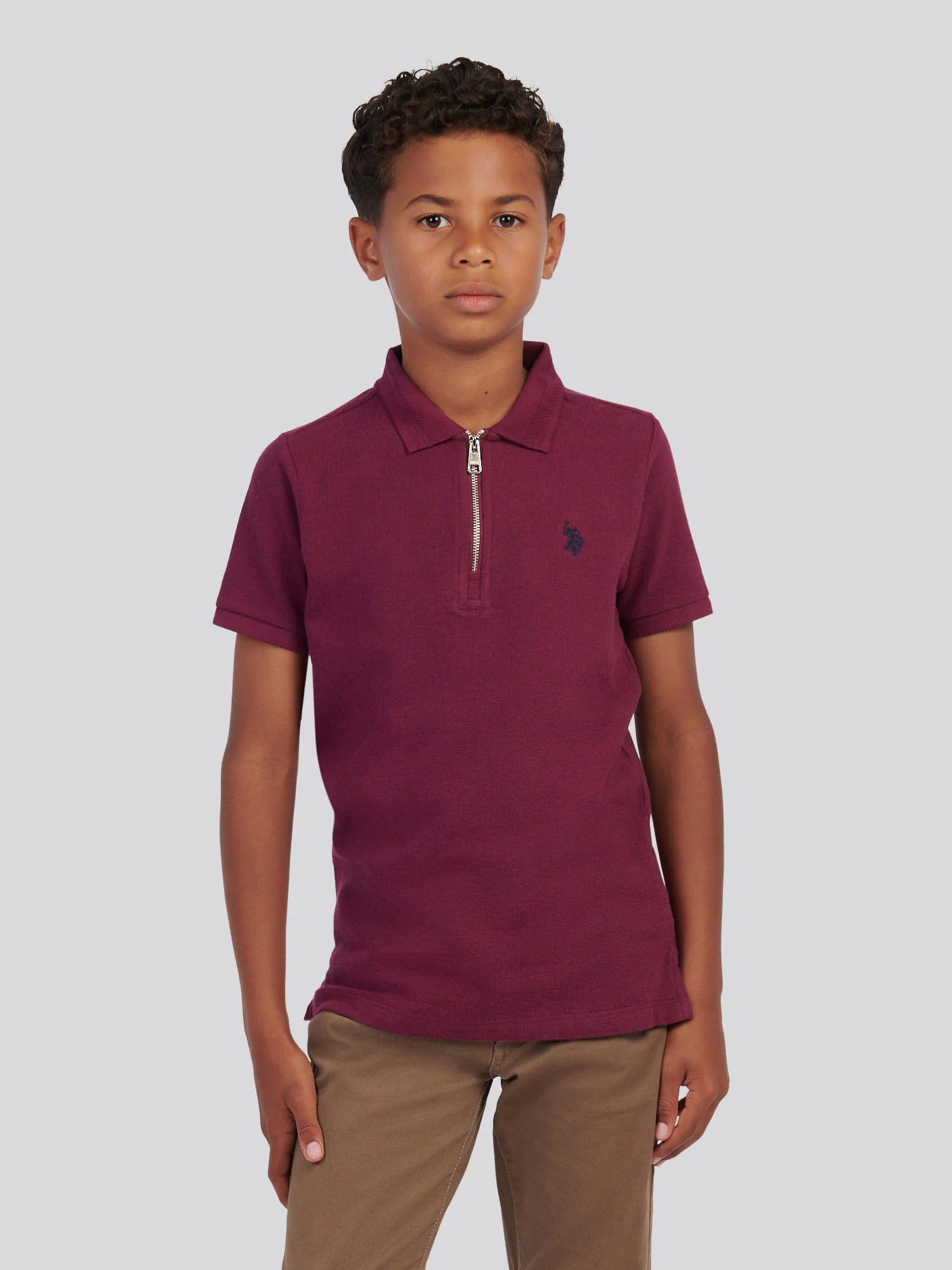 Boys Flat Pile Texture Zip Polo Shirt in Grape Wine - Image 5
