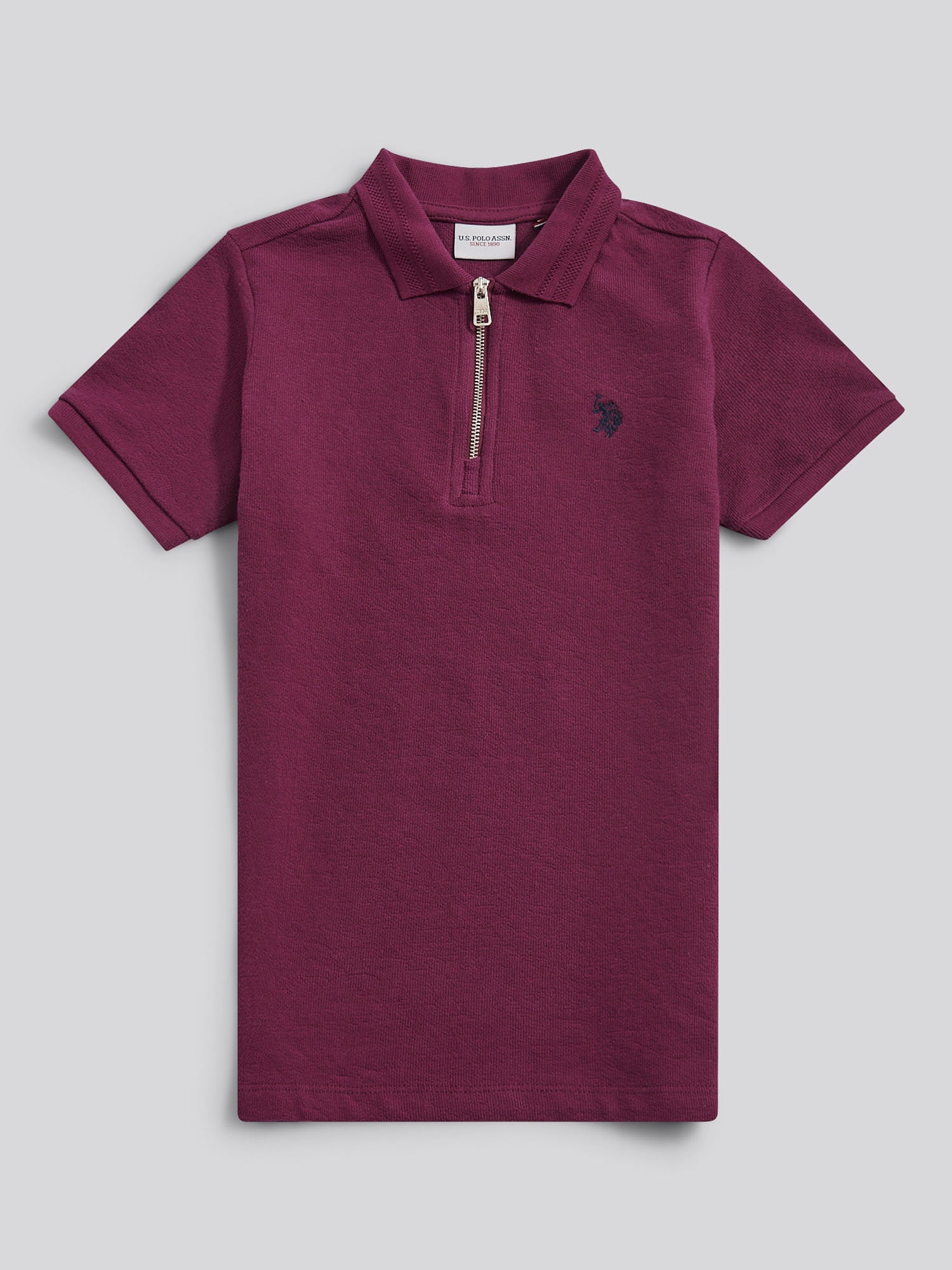 Boys Flat Pile Texture Zip Polo Shirt in Grape Wine - Image 6